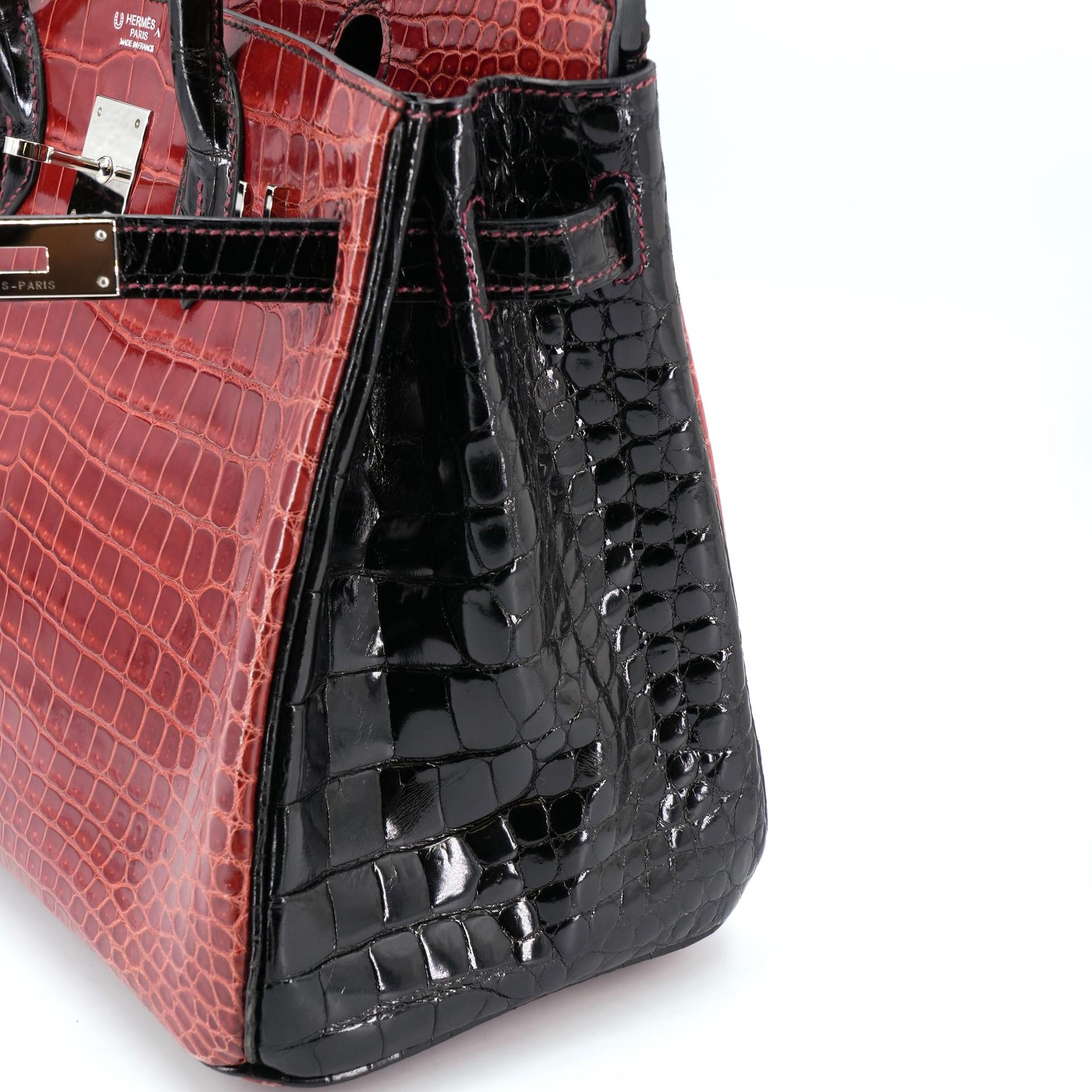 Excellent ( Rank SA ) HERMÈS Special Order Birkin 30 HSS Noir (89) Geranium (D5) Shiny Porosus Crocodile Palladium hardware Square M (2009) - 30