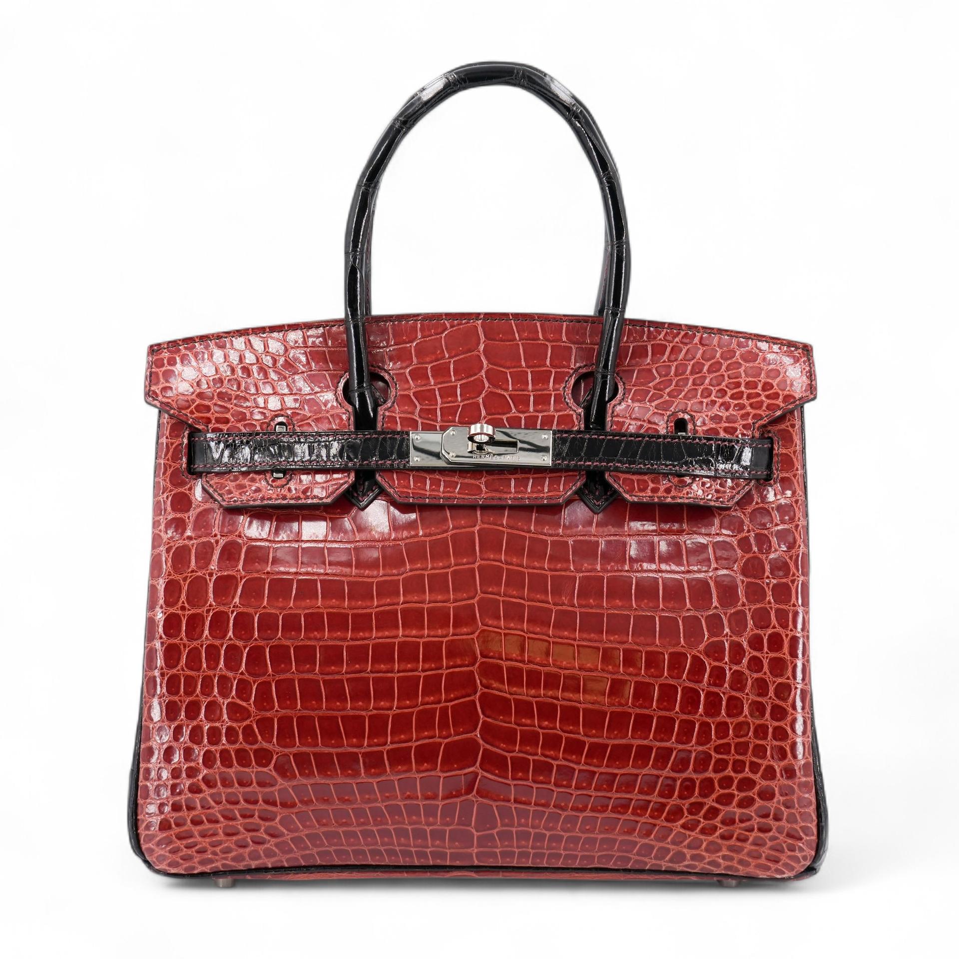 Excellent ( Rank SA ) HERMÈS Special Order Birkin 30 HSS Noir (89) Geranium (D5) Shiny Porosus Crocodile Palladium hardware Square M (2009) - 1