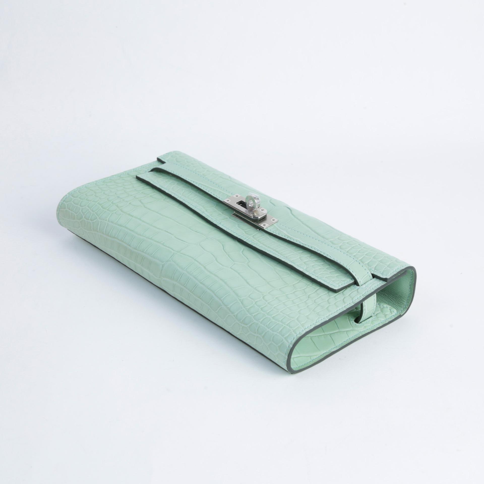 Brand New ( Rank N )  HERMÈS  Kelly To Go Wallet Vert d’Eau (6U) Matte Alligator Palladium hardware W (2024) - 4