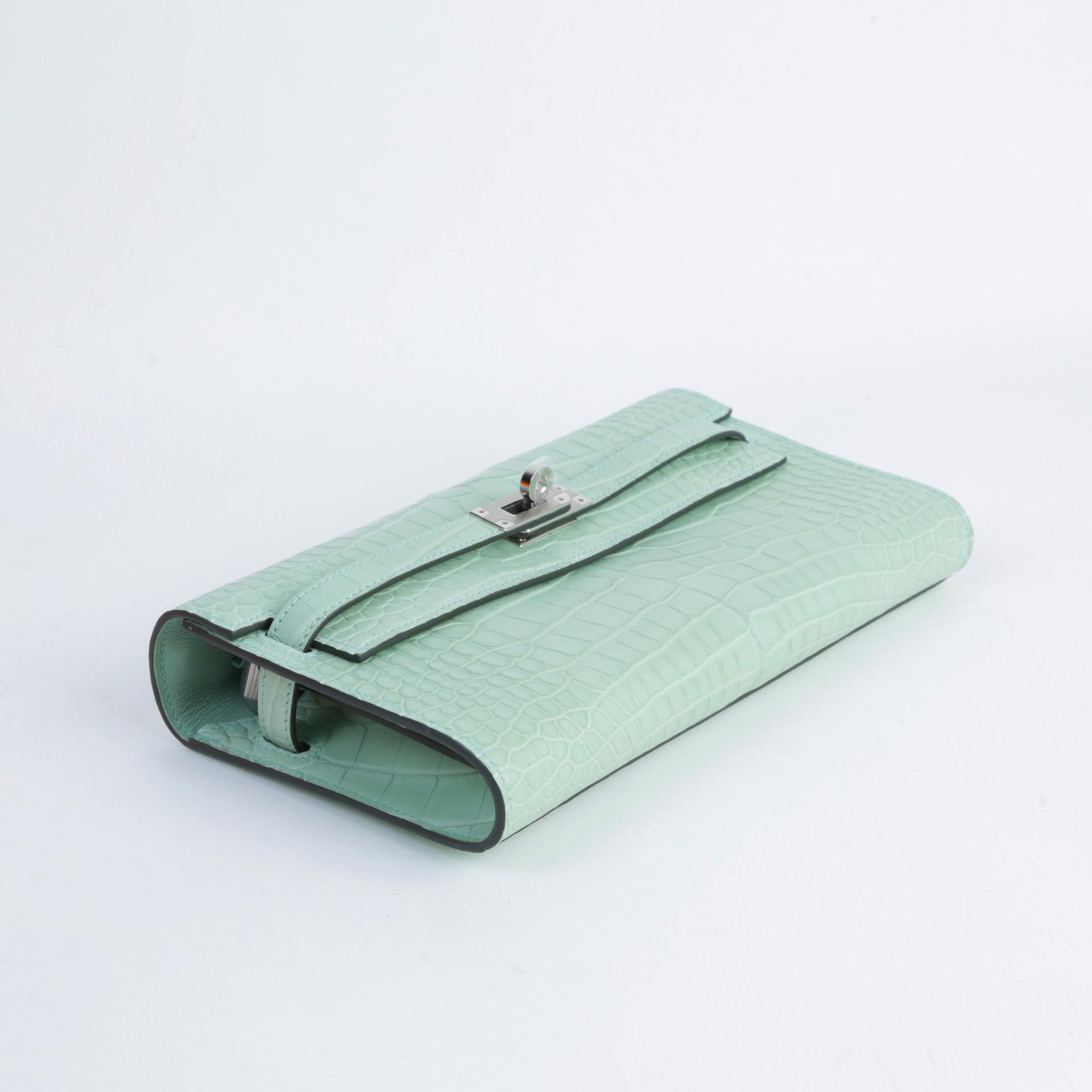 Brand New ( Rank N )  HERMÈS  Kelly To Go Wallet Vert d’Eau (6U) Matte Alligator Palladium hardware W (2024) - 3