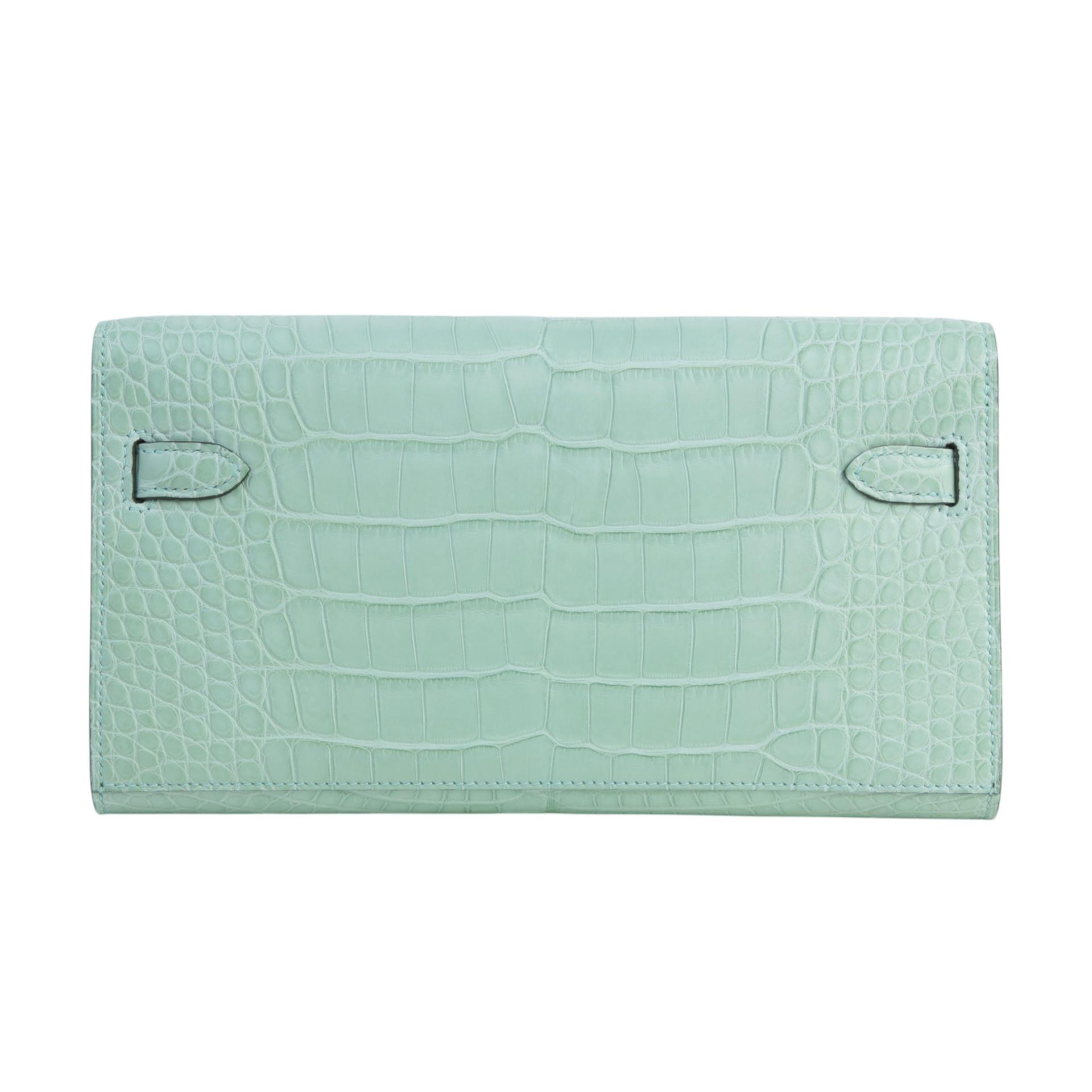 Brand New ( Rank N )  HERMÈS  Kelly To Go Wallet Vert d’Eau (6U) Matte Alligator Palladium hardware W (2024) - 2