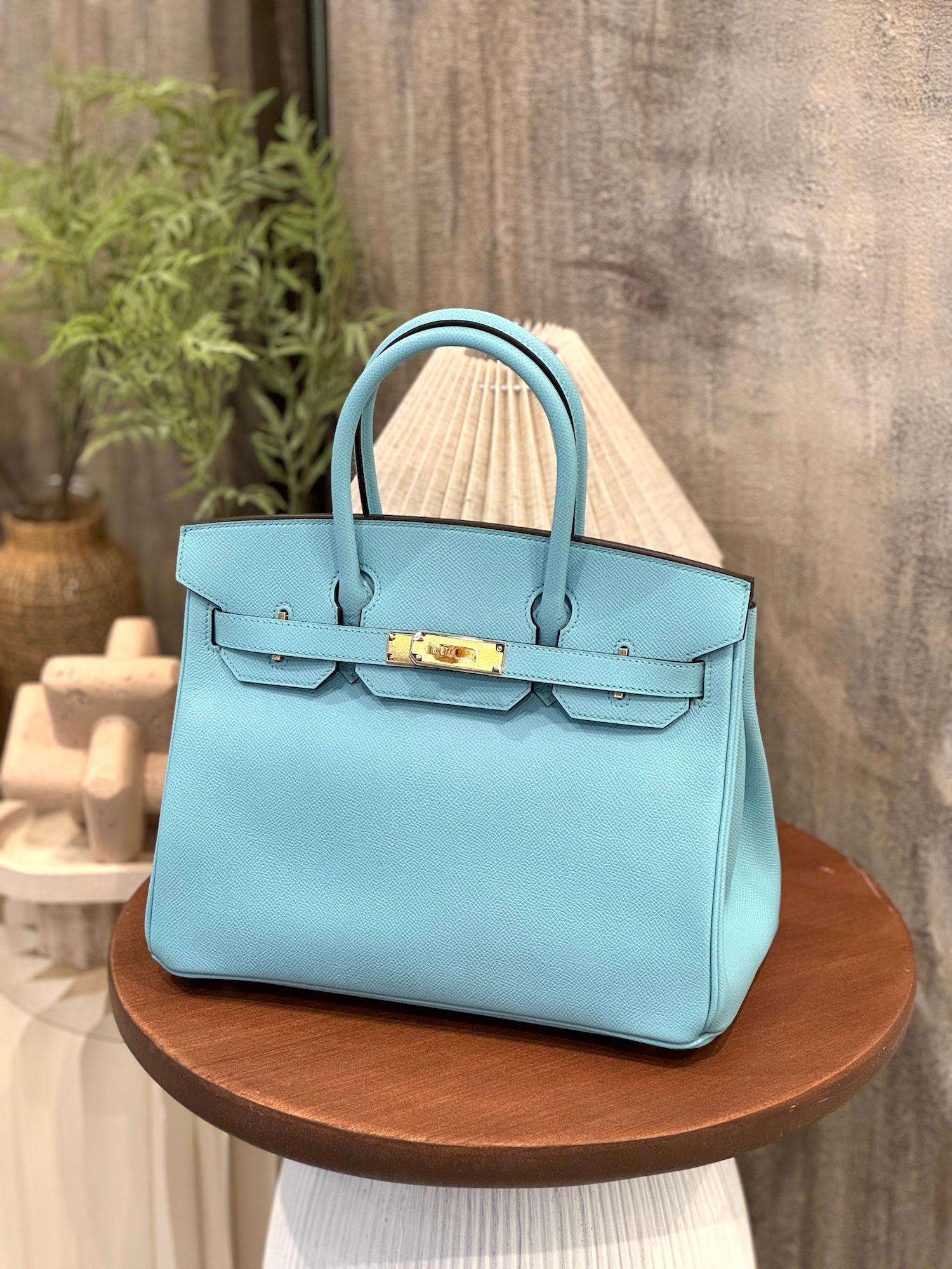 ランク SA HERMÈS エルメス バーキン30 ブルーアトール (3P) エプソン ゴールド金具 T刻印 - 4