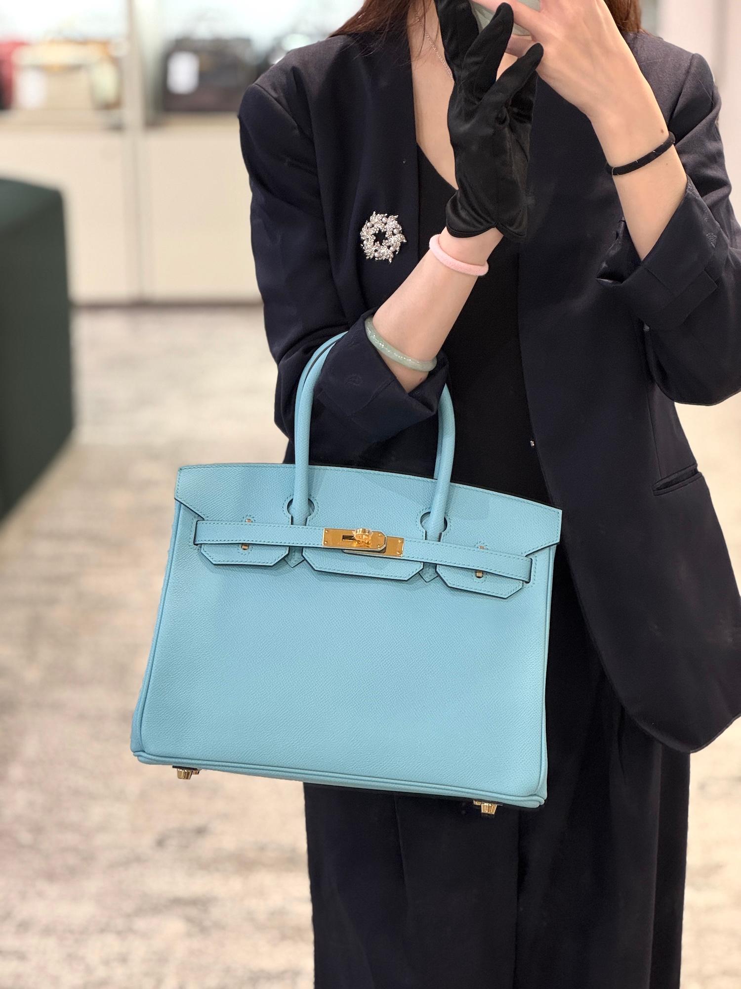 ランク SA HERMÈS エルメス バーキン30 ブルーアトール (3P) エプソン ゴールド金具 T刻印 - 3