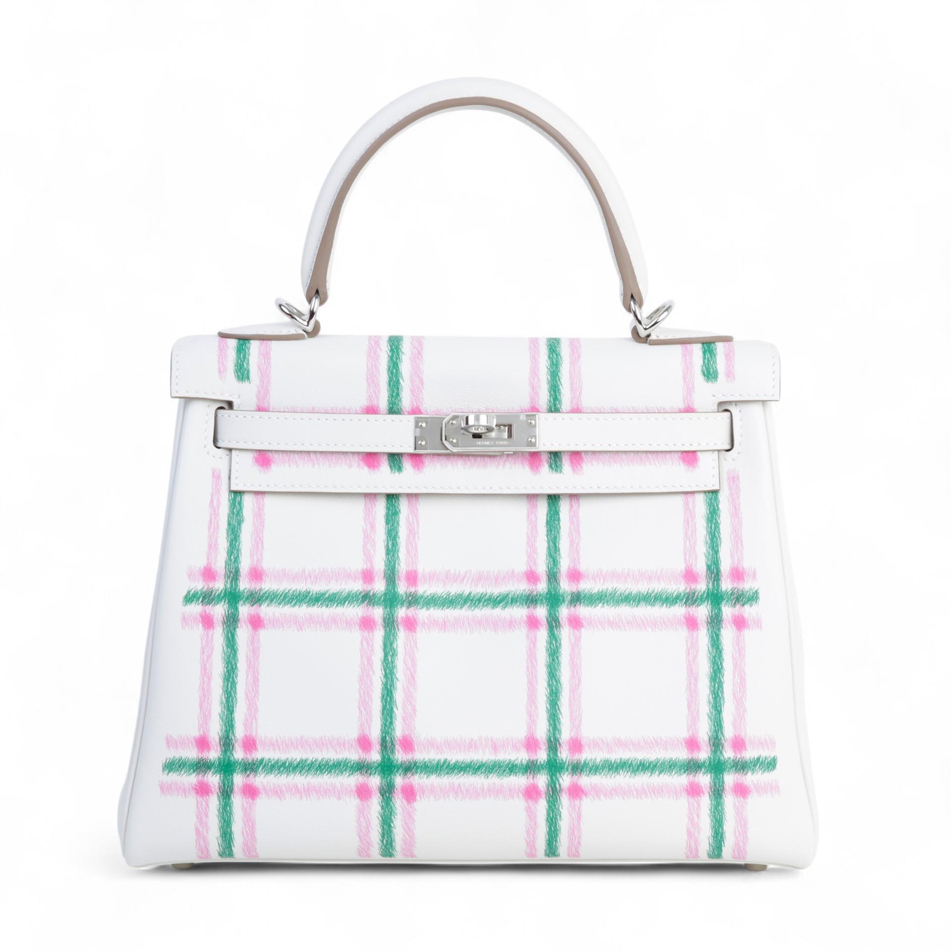 ランク N 新品 HERMÈS エルメス ケリー25 タータンライト グリスパル (M4) ローズバブルガム (L4) ヴェールモワイヤン (65) スイフト シルバー金具 K刻印 - 1