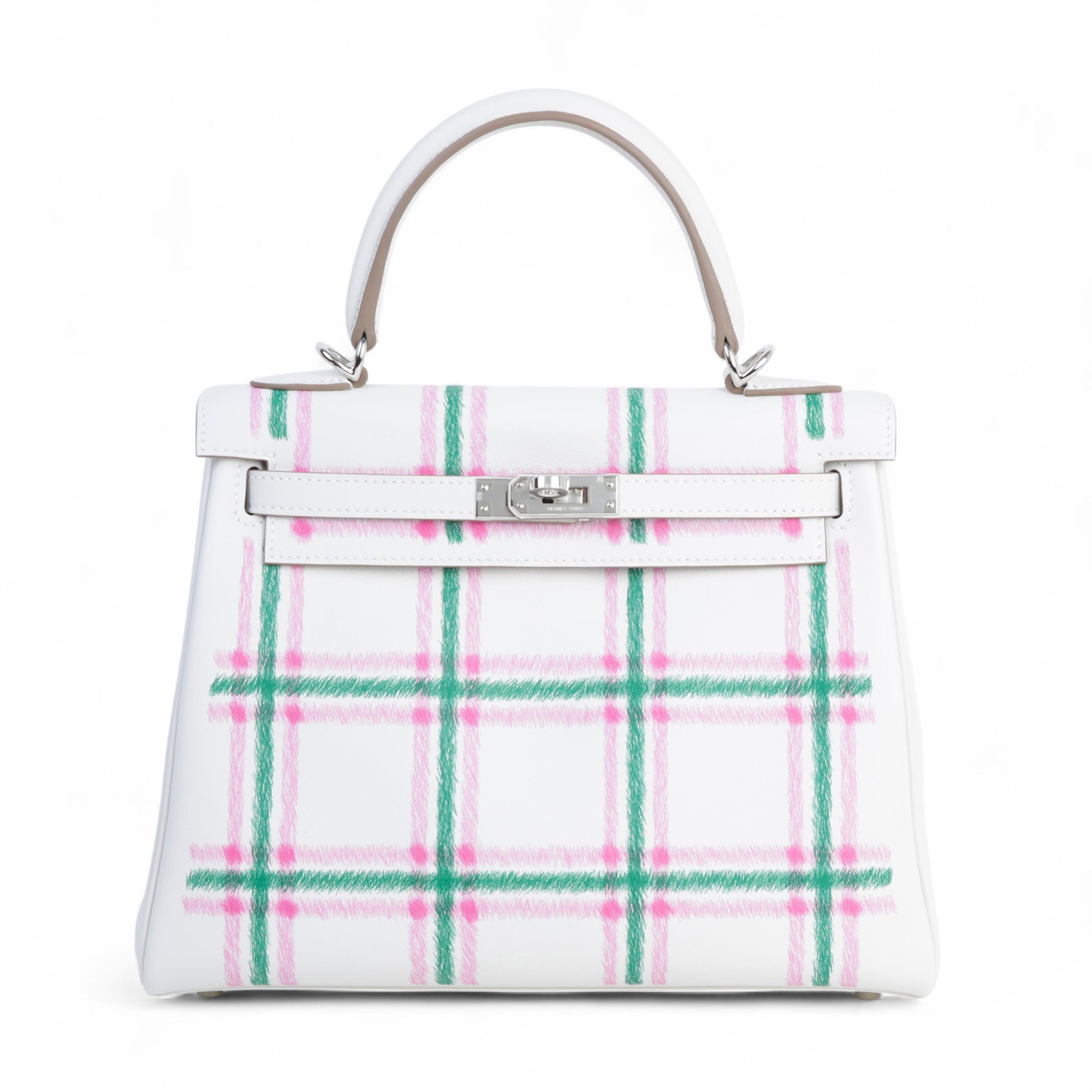 ランク N 新品 HERMÈS エルメス ケリー25 タータンライト グリスパル (M4) ローズバブルガム (L4) ヴェールモワイヤン (65) スイフト シルバー金具 K刻印 - 1