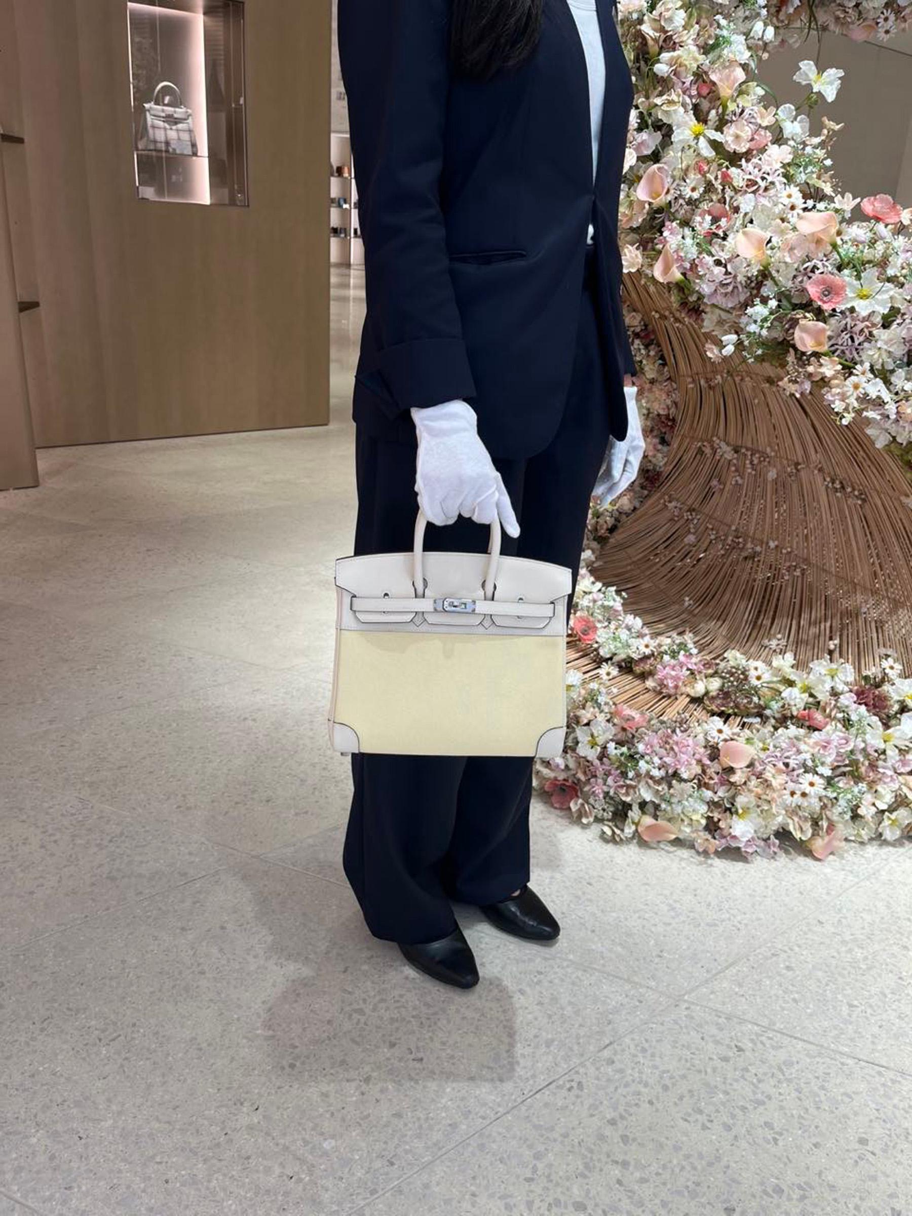 HERMÈS Birkin 25 handbag in Nata and Jaune Poussin Canvas and Swift leather with Palladium hardware - 19