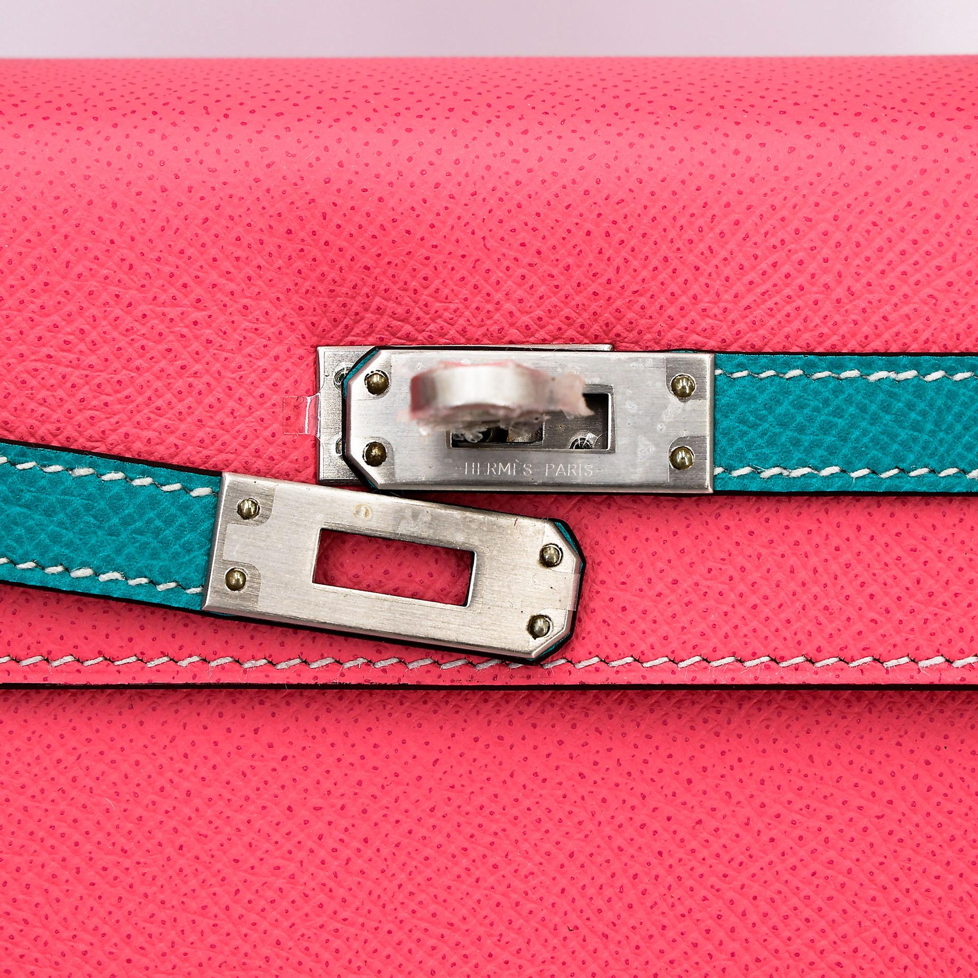 Very Good ( Rank A) HERMÈS Special Order Kelly 25  Sellier HSS Rose Azalee (8W) Bleu Paon (7F) Epsom Brushed Palladium D (2019) - 10