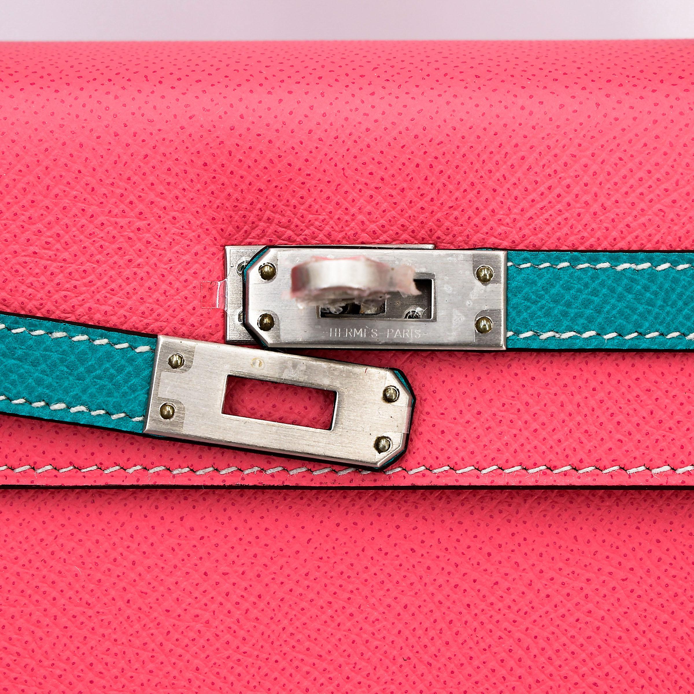 Very Good ( Rank A) HERMÈS Special Order Kelly 25 Sellier HSS Rose Azalee (8W) Bleu Paon (7F) Epsom Brushed Palladium D (2019) - 10