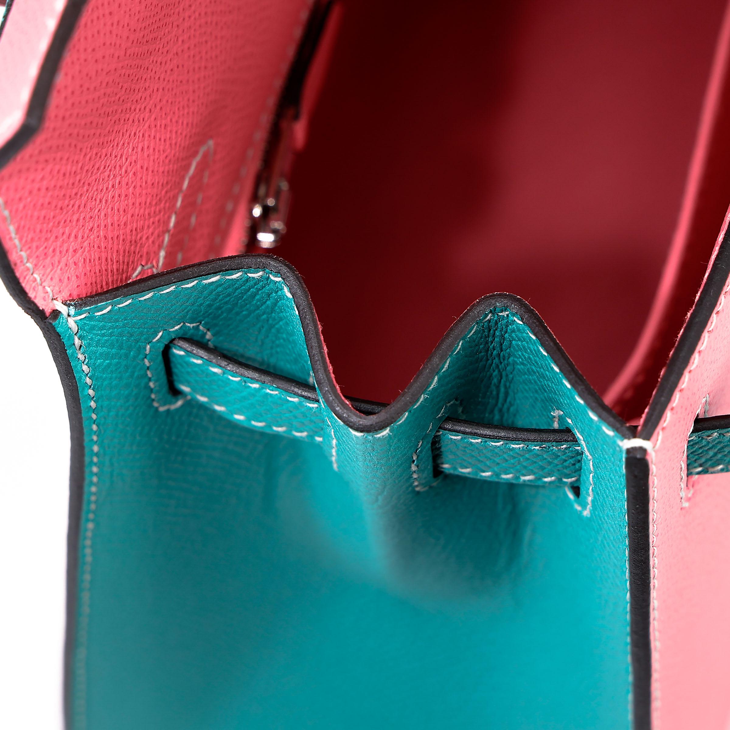 Very Good ( Rank A) HERMÈS Special Order Kelly 25 Sellier HSS Rose Azalee (8W) Bleu Paon (7F) Epsom Brushed Palladium D (2019) - 17