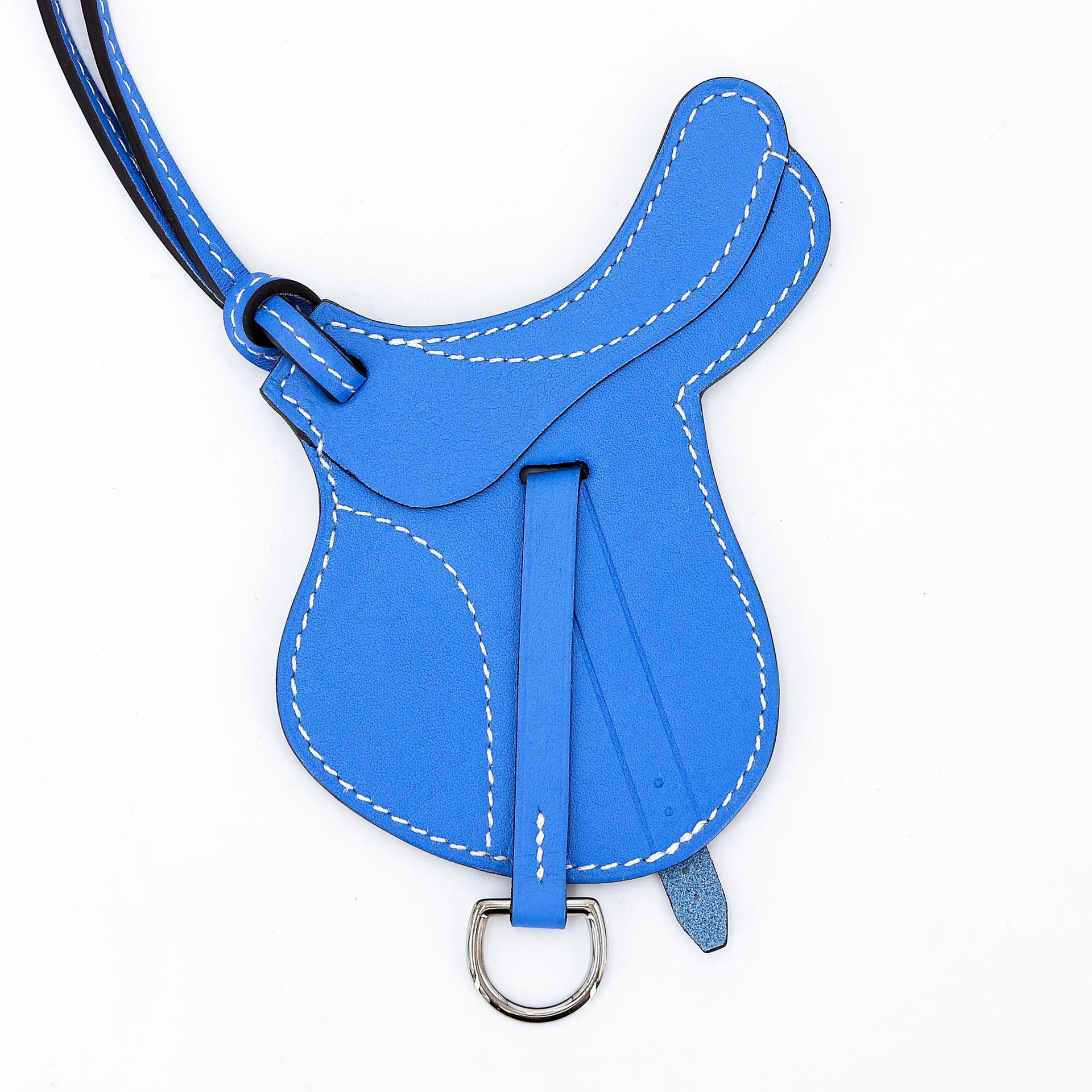 Unused ( Rank NS ) HERMÈS Paddock Saddle Selle Charm Bleu Paradis (2T) Swift Palladium hardware - 2
