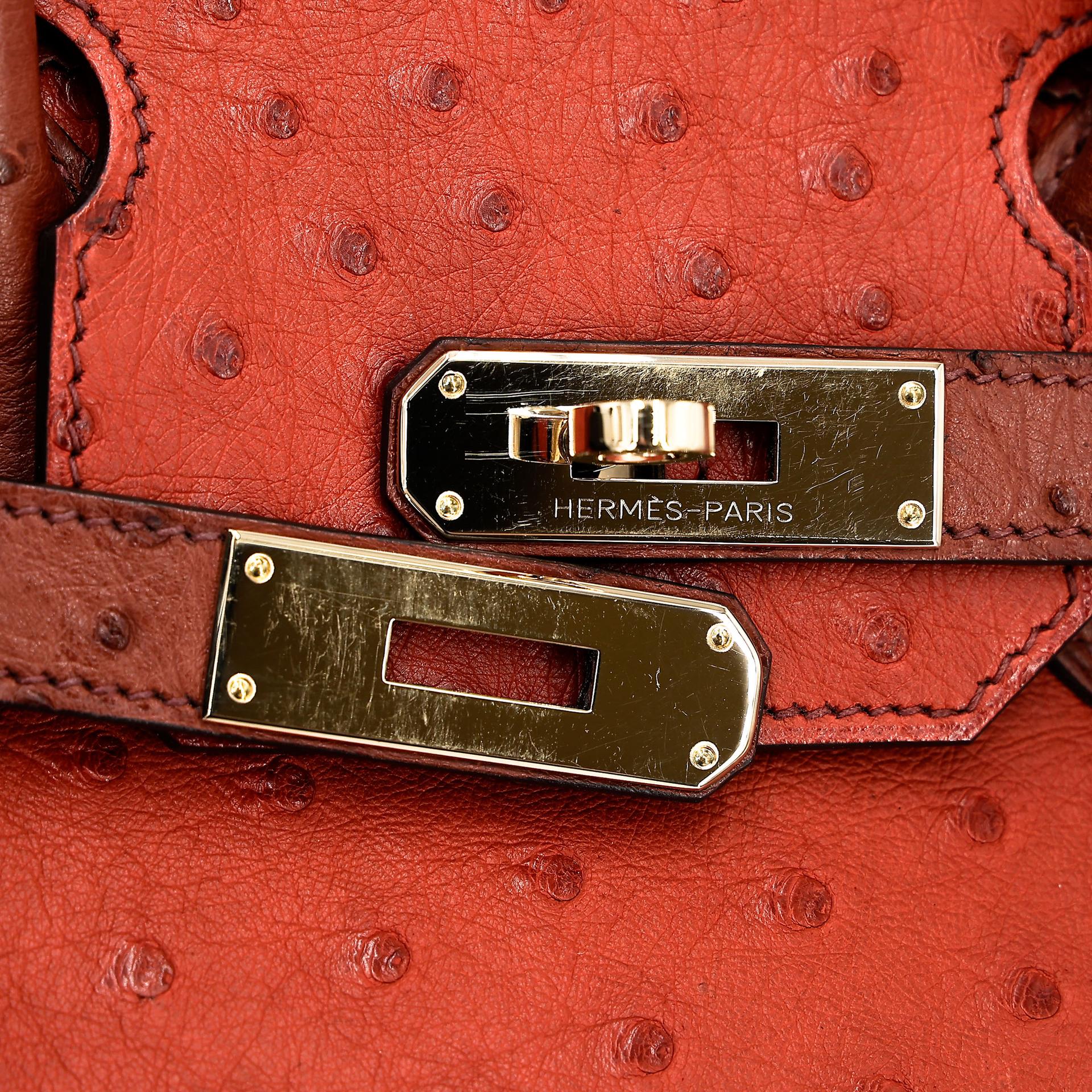 Very Good ( Rank A) HERMÈS Birkin Ghillies 30 Brique (36) Rouge H (55) Marron Fonce (45) Ostrich Permabrass hardware Square R (2014) - 6