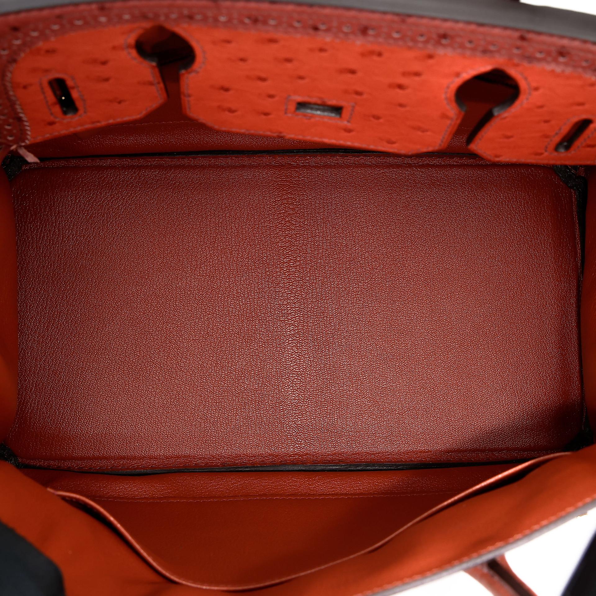 Very Good ( Rank A) HERMÈS Birkin Ghillies 30 Brique (36) Rouge H (55) Marron Fonce (45) Ostrich Permabrass hardware Square R (2014) - 16