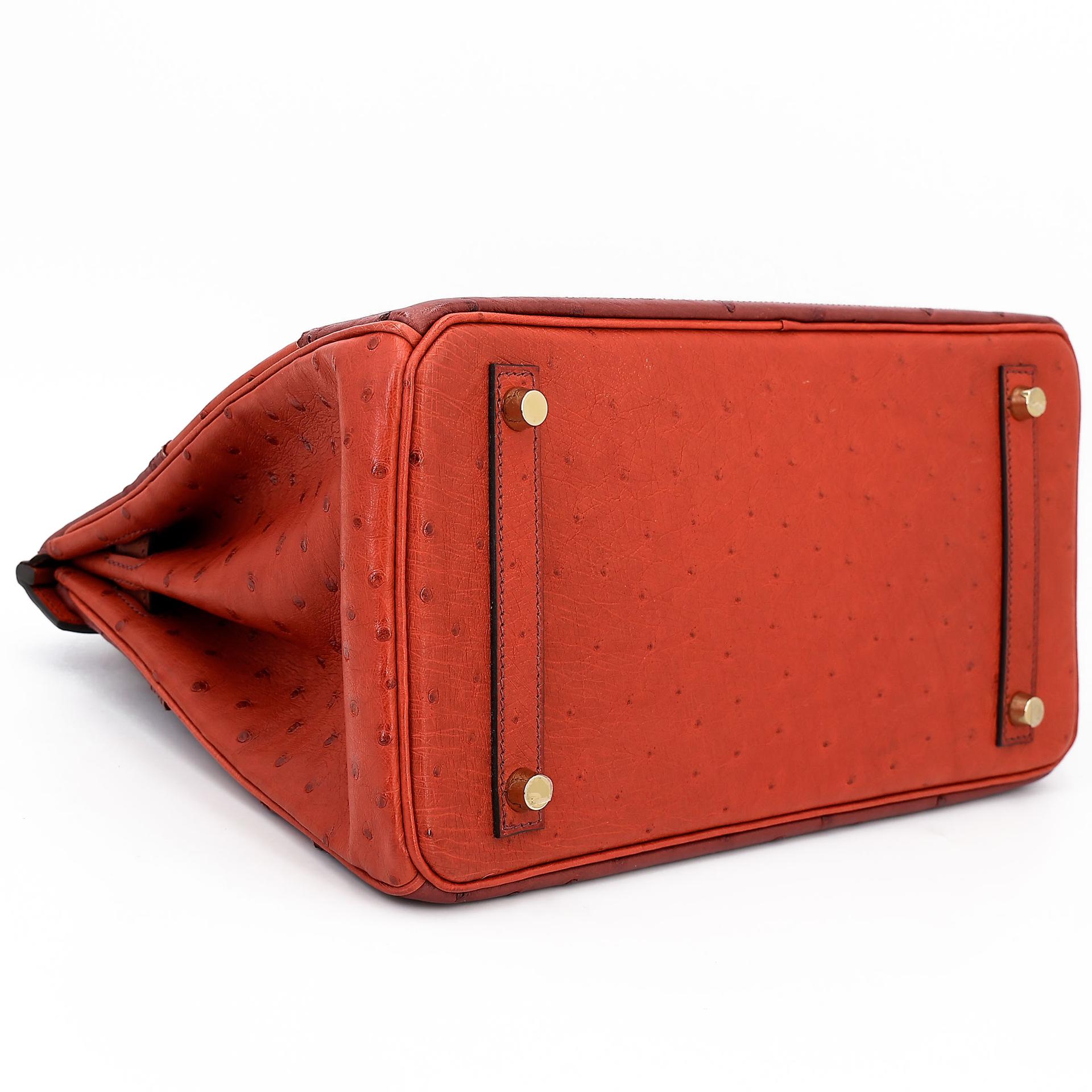 Very Good ( Rank A) HERMÈS Birkin Ghillies 30 Brique (36) Rouge H (55) Marron Fonce (45) Ostrich Permabrass hardware Square R (2014) - 12