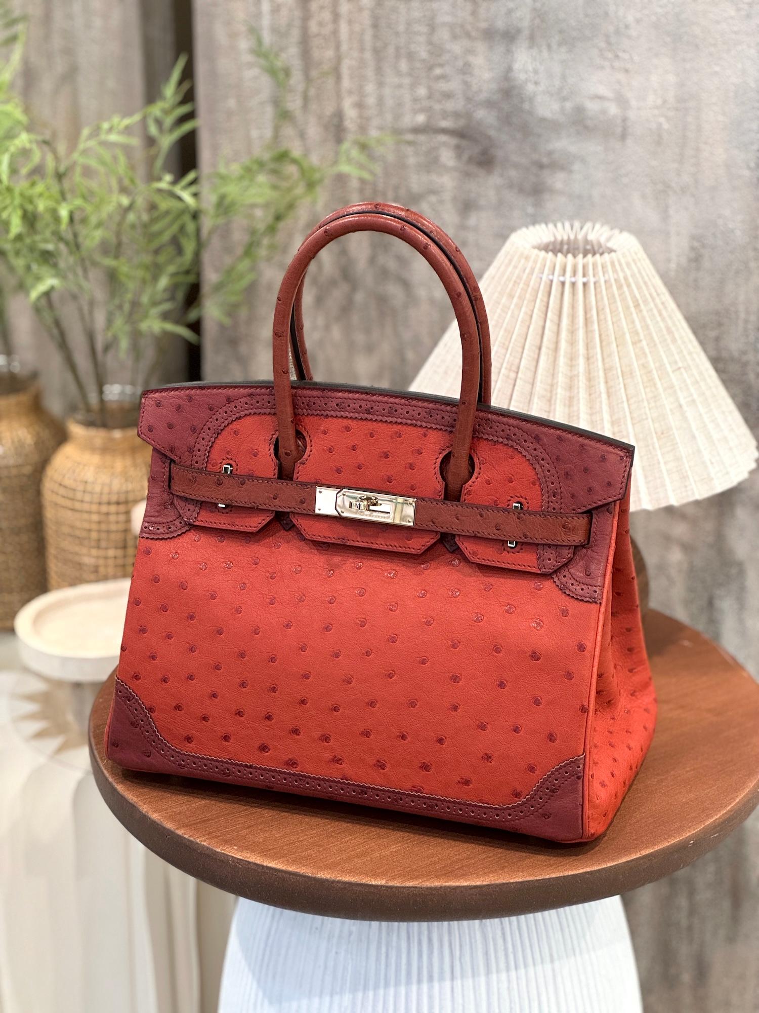 Very Good ( Rank A) HERMÈS Birkin Ghillies 30 Brique (36) Rouge H (55) Marron Fonce (45) Ostrich Permabrass hardware Square R (2014) - 4