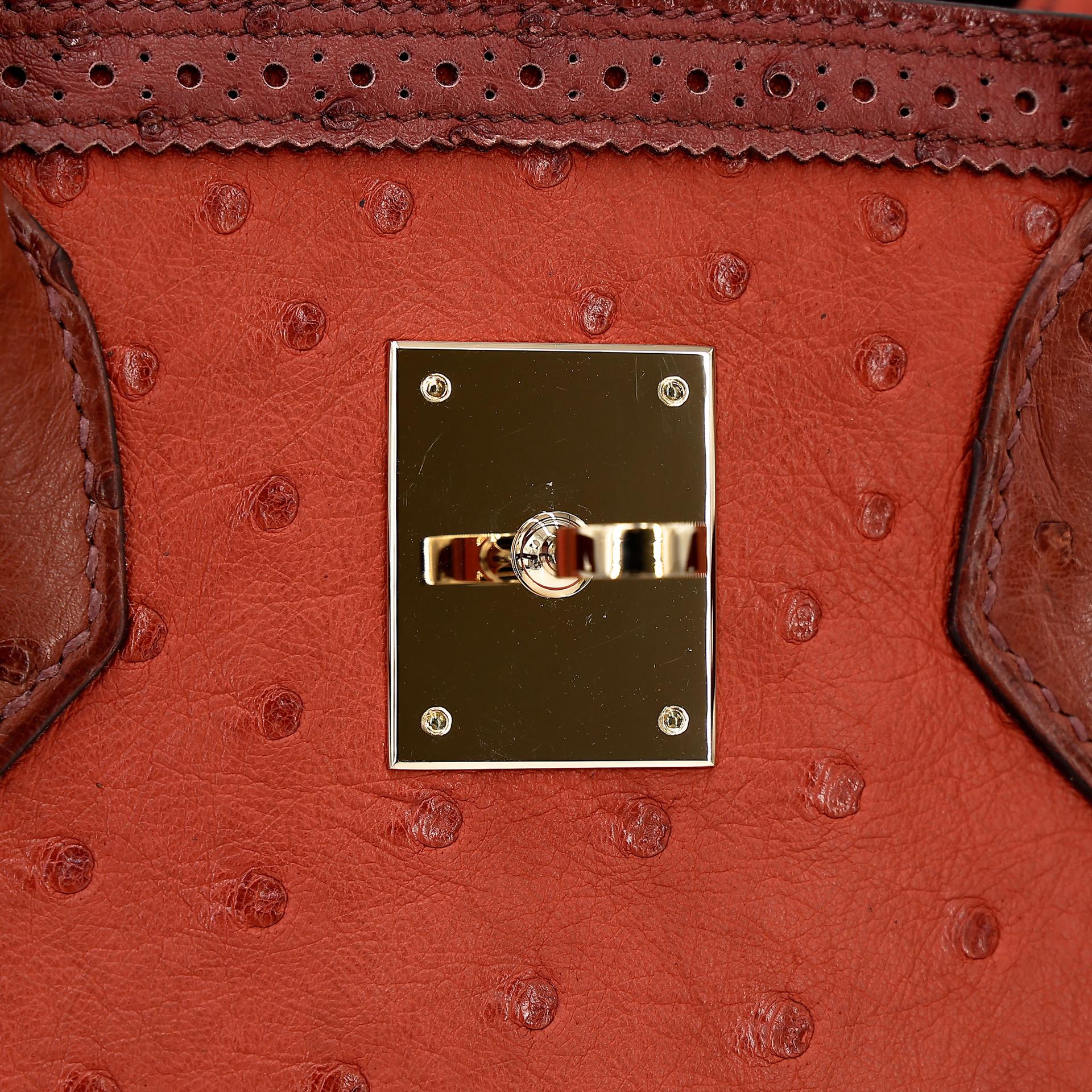 Very Good ( Rank A) HERMÈS Birkin Ghillies 30 Brique (36) Rouge H (55) Marron Fonce (45) Ostrich Permabrass hardware Square R (2014) - 13