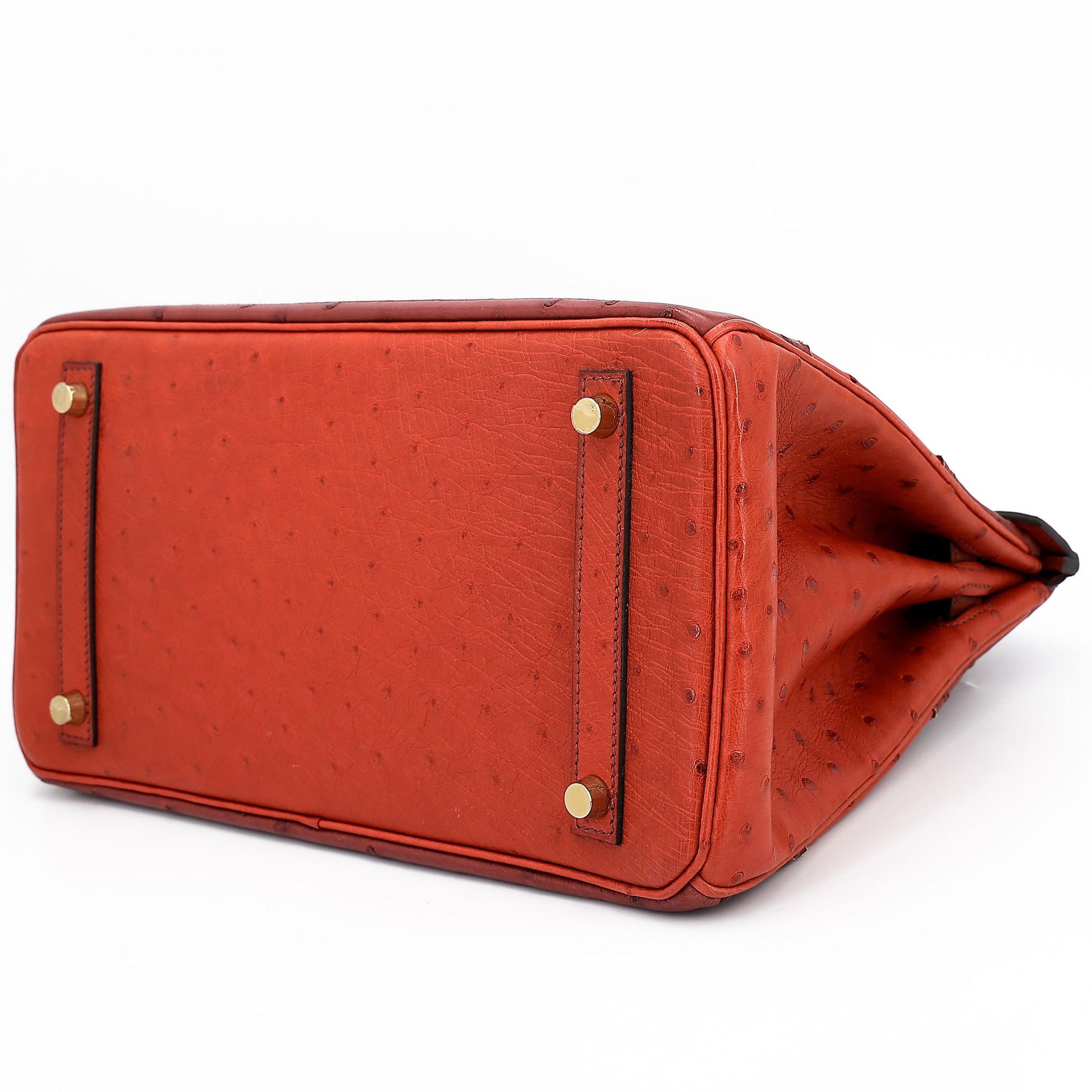 Very Good ( Rank A) HERMÈS Birkin Ghillies 30 Brique (36) Rouge H (55) Marron Fonce (45) Ostrich Permabrass hardware Square R (2014) - 9