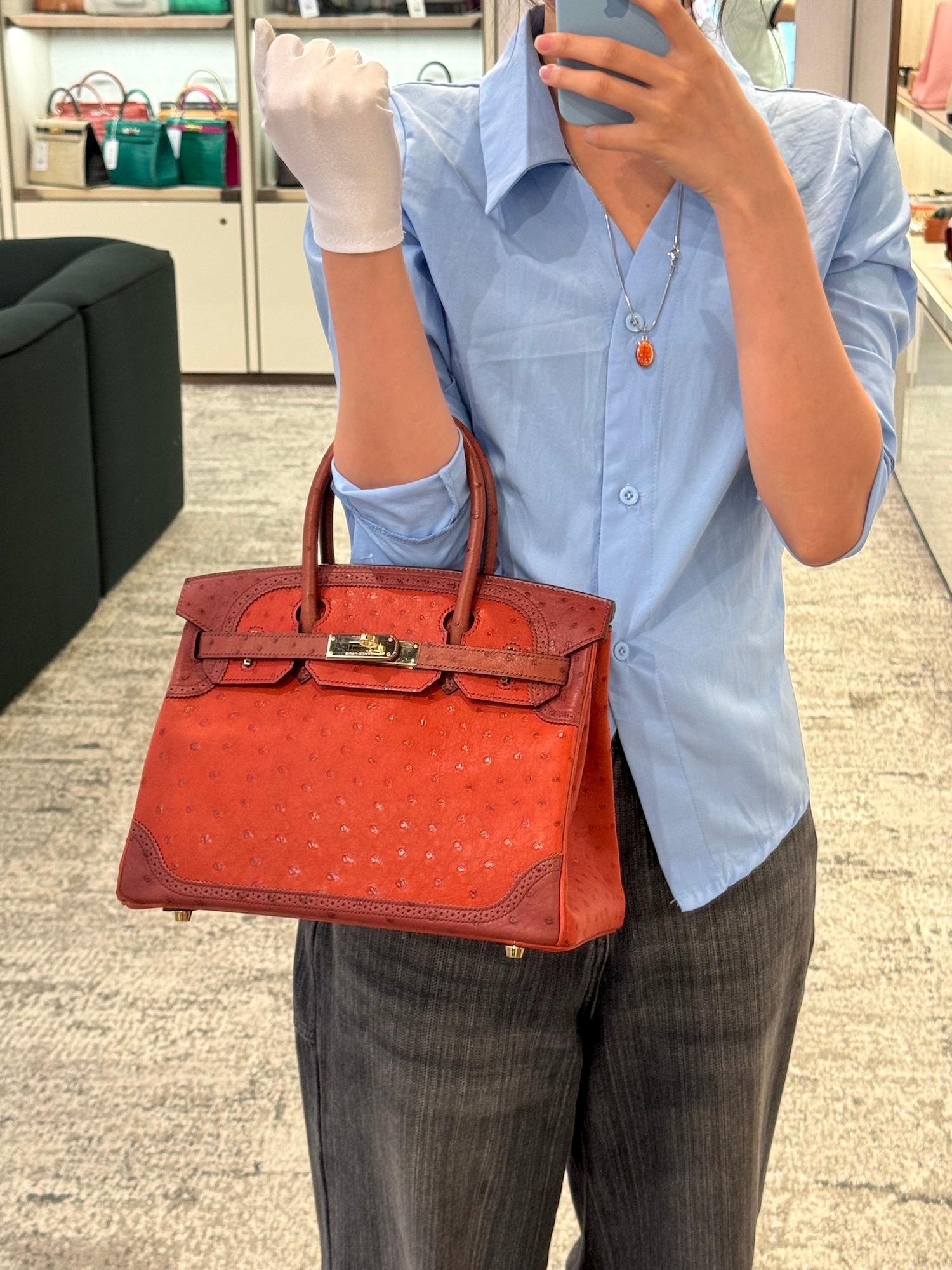 Very Good ( Rank A) HERMÈS Birkin Ghillies 30 Brique (36) Rouge H (55) Marron Fonce (45) Ostrich Permabrass hardware Square R (2014) - 3