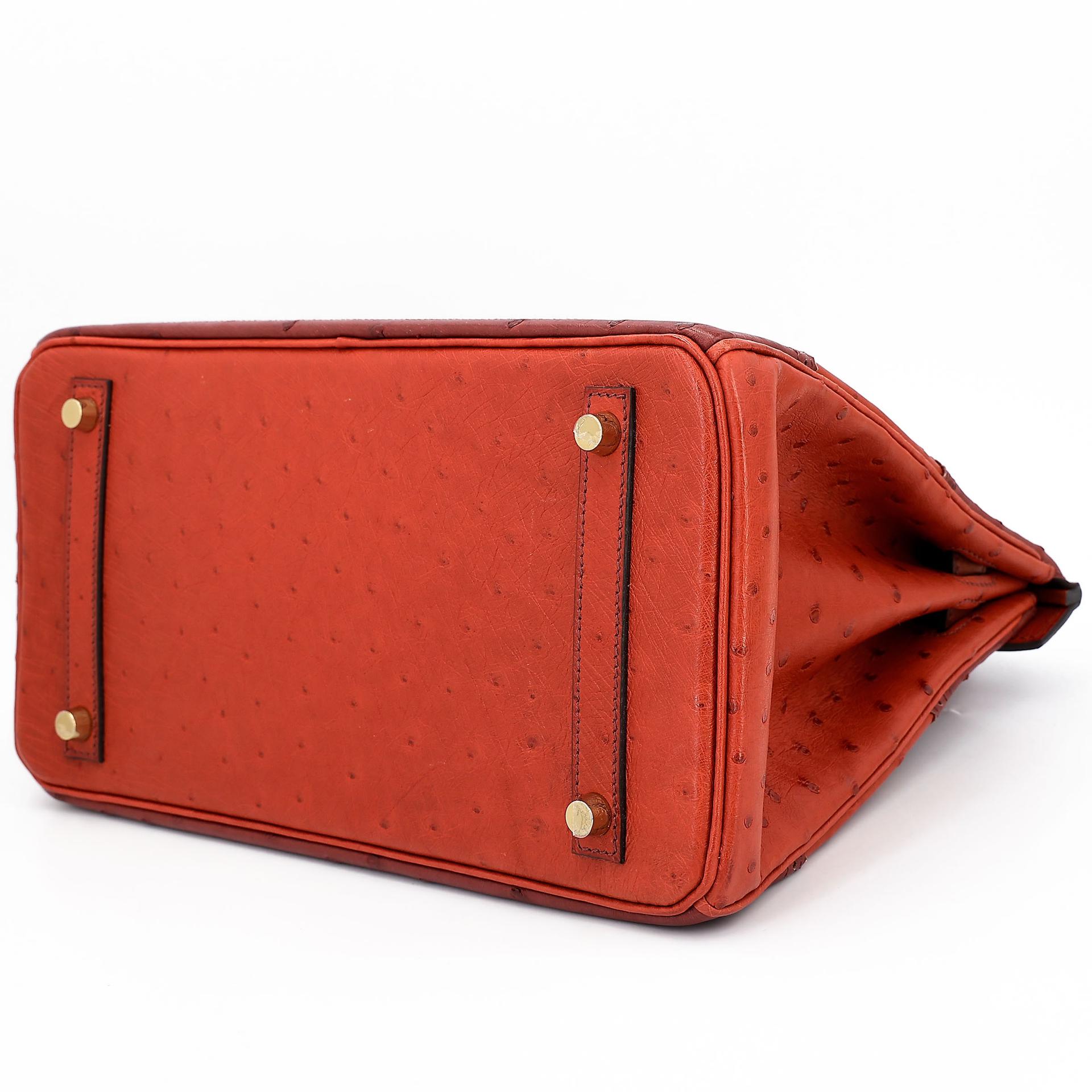 Very Good ( Rank A) HERMÈS Birkin Ghillies 30 Brique (36) Rouge H (55) Marron Fonce (45) Ostrich Permabrass hardware Square R (2014) - 11