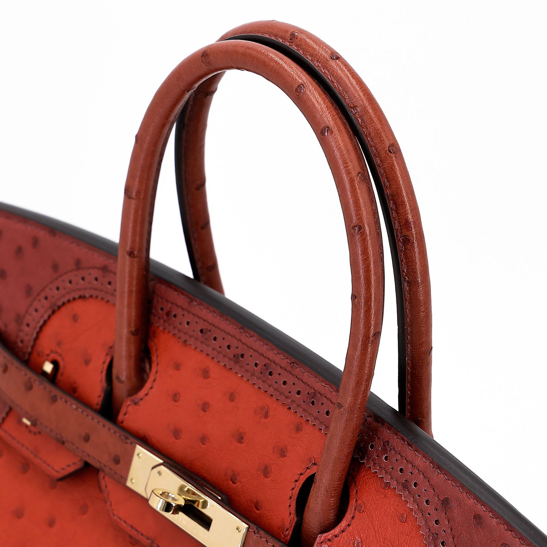 Very Good ( Rank A) HERMÈS Birkin Ghillies 30 Brique (36) Rouge H (55) Marron Fonce (45) Ostrich Permabrass hardware Square R (2014) - 5
