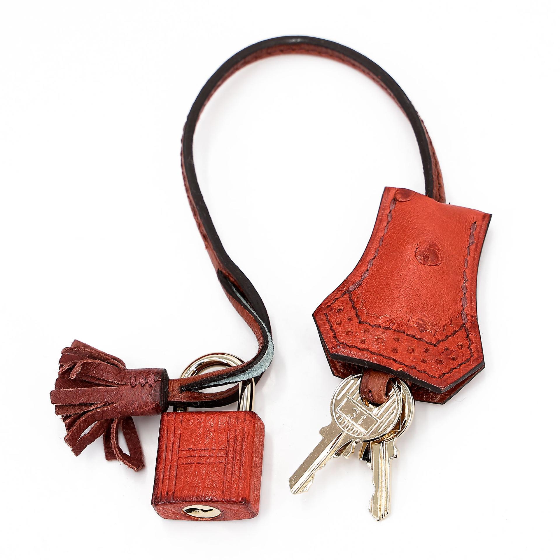 Very Good ( Rank A) HERMÈS Birkin Ghillies 30 Brique (36) Rouge H (55) Marron Fonce (45) Ostrich Permabrass hardware Square R (2014) - 17