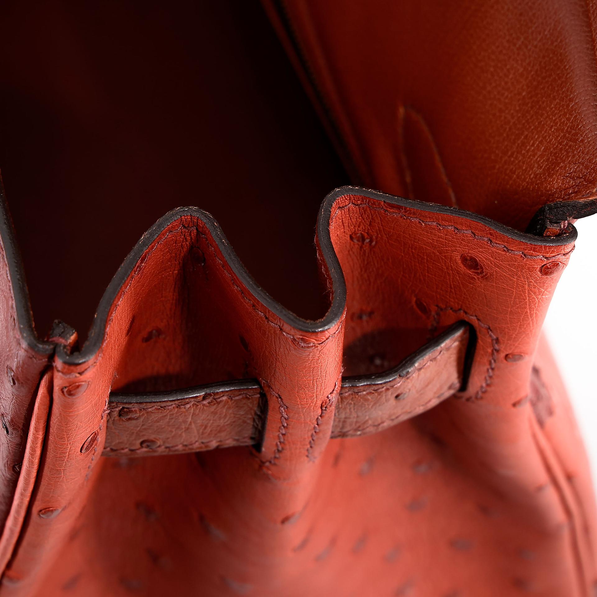 Very Good ( Rank A) HERMÈS Birkin Ghillies 30 Brique (36) Rouge H (55) Marron Fonce (45) Ostrich Permabrass hardware Square R (2014) - 14