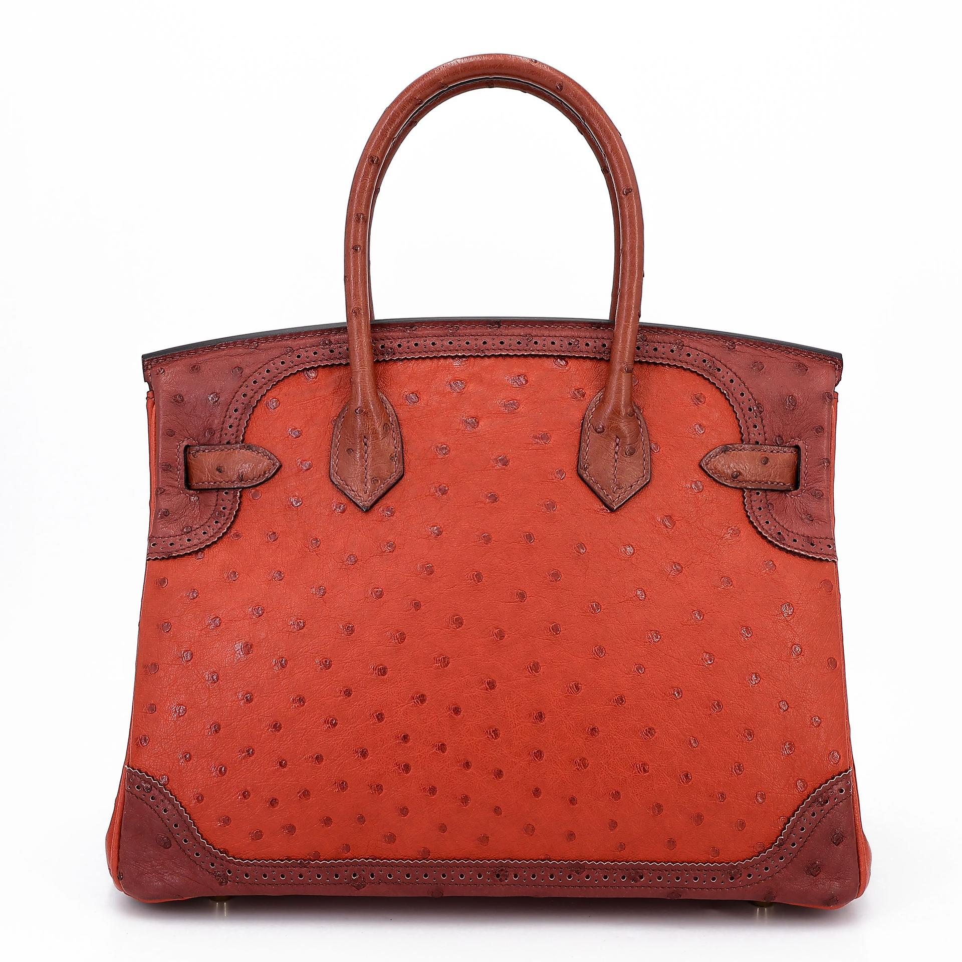 Very Good ( Rank A) HERMÈS Birkin Ghillies 30 Brique (36) Rouge H (55) Marron Fonce (45) Ostrich Permabrass hardware Square R (2014) - 2