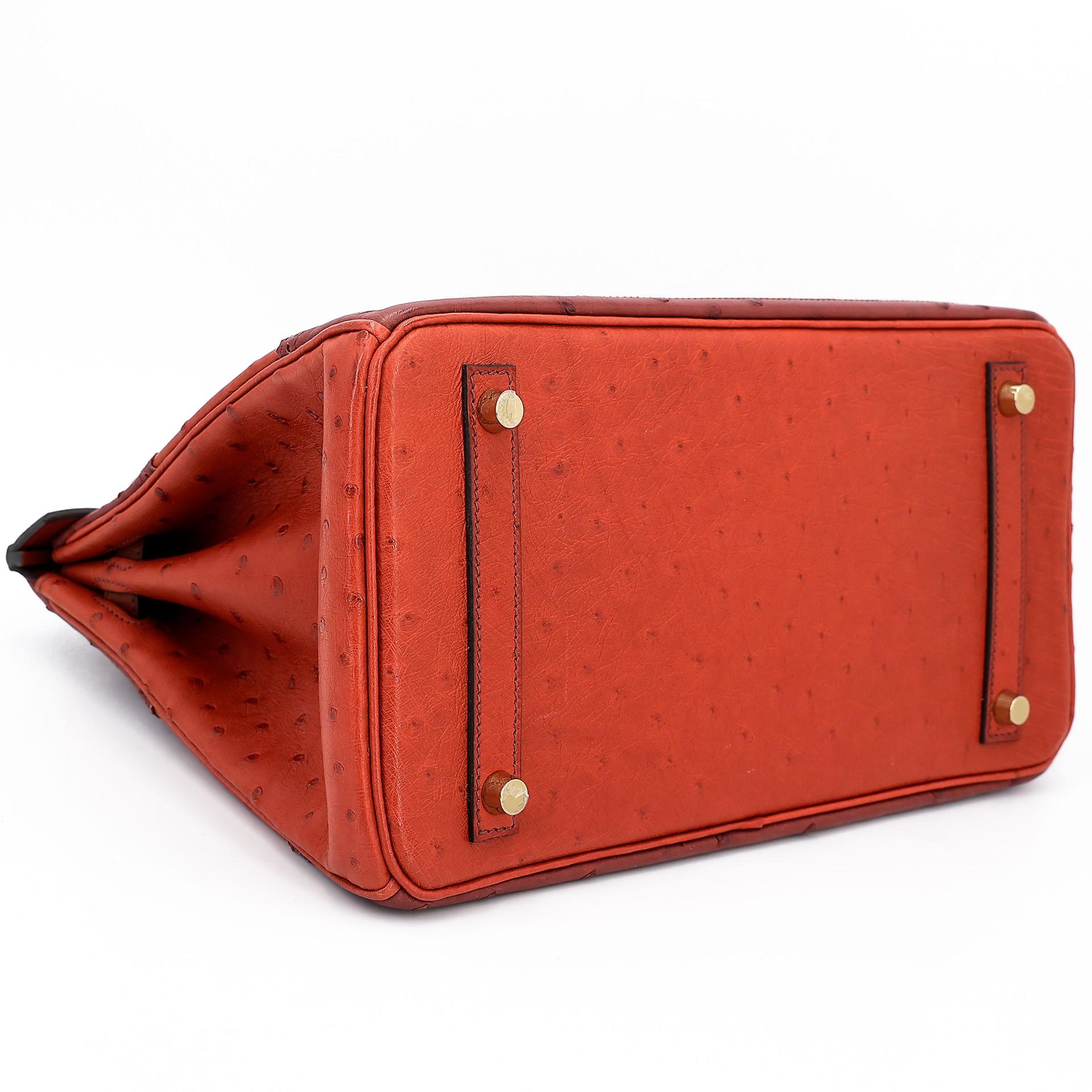 Very Good ( Rank A) HERMÈS Birkin Ghillies 30 Brique (36) Rouge H (55) Marron Fonce (45) Ostrich Permabrass hardware Square R (2014) - 10