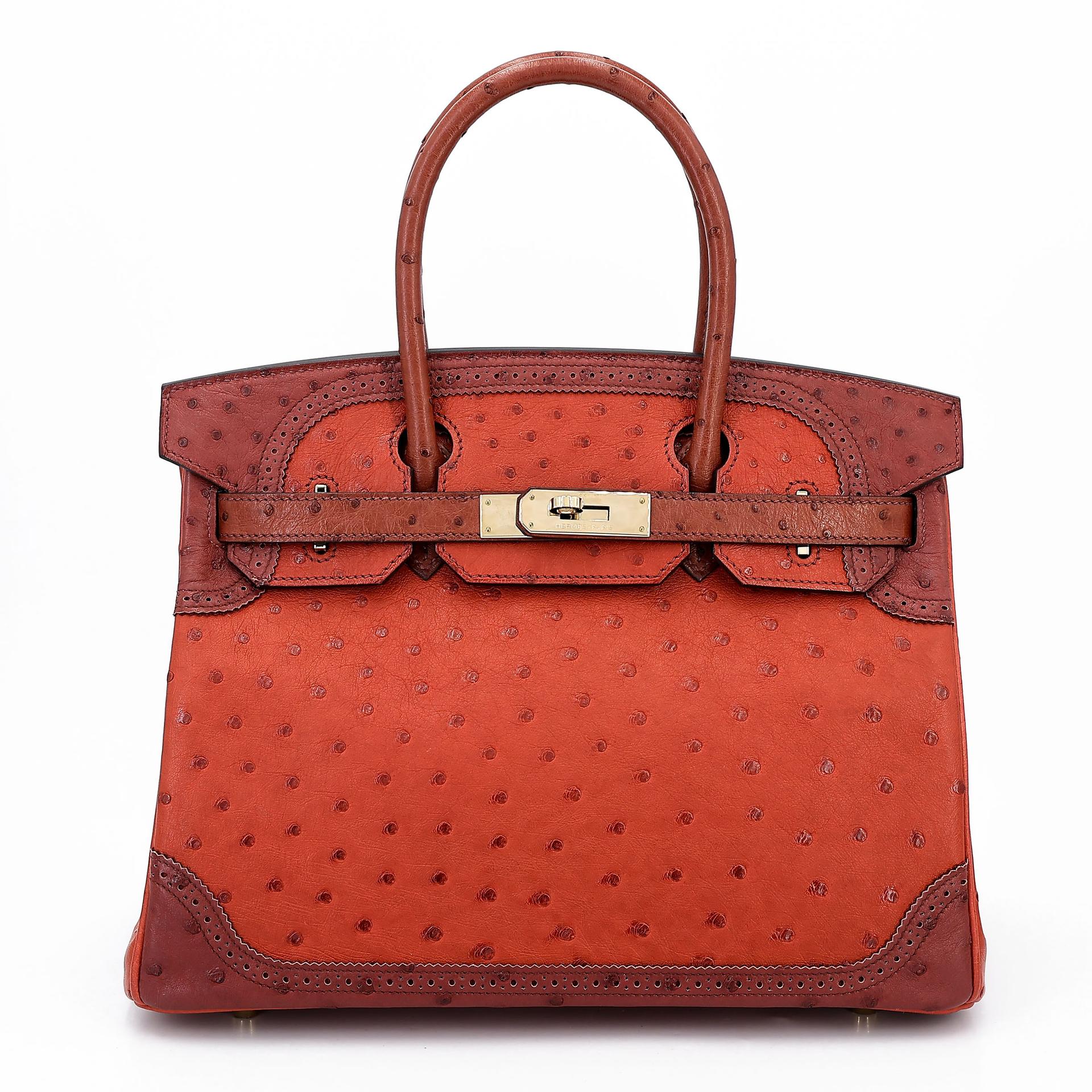 Very Good ( Rank A) HERMÈS Birkin Ghillies 30 Brique (36) Rouge H (55) Marron Fonce (45) Ostrich Permabrass hardware Square R (2014) - 1