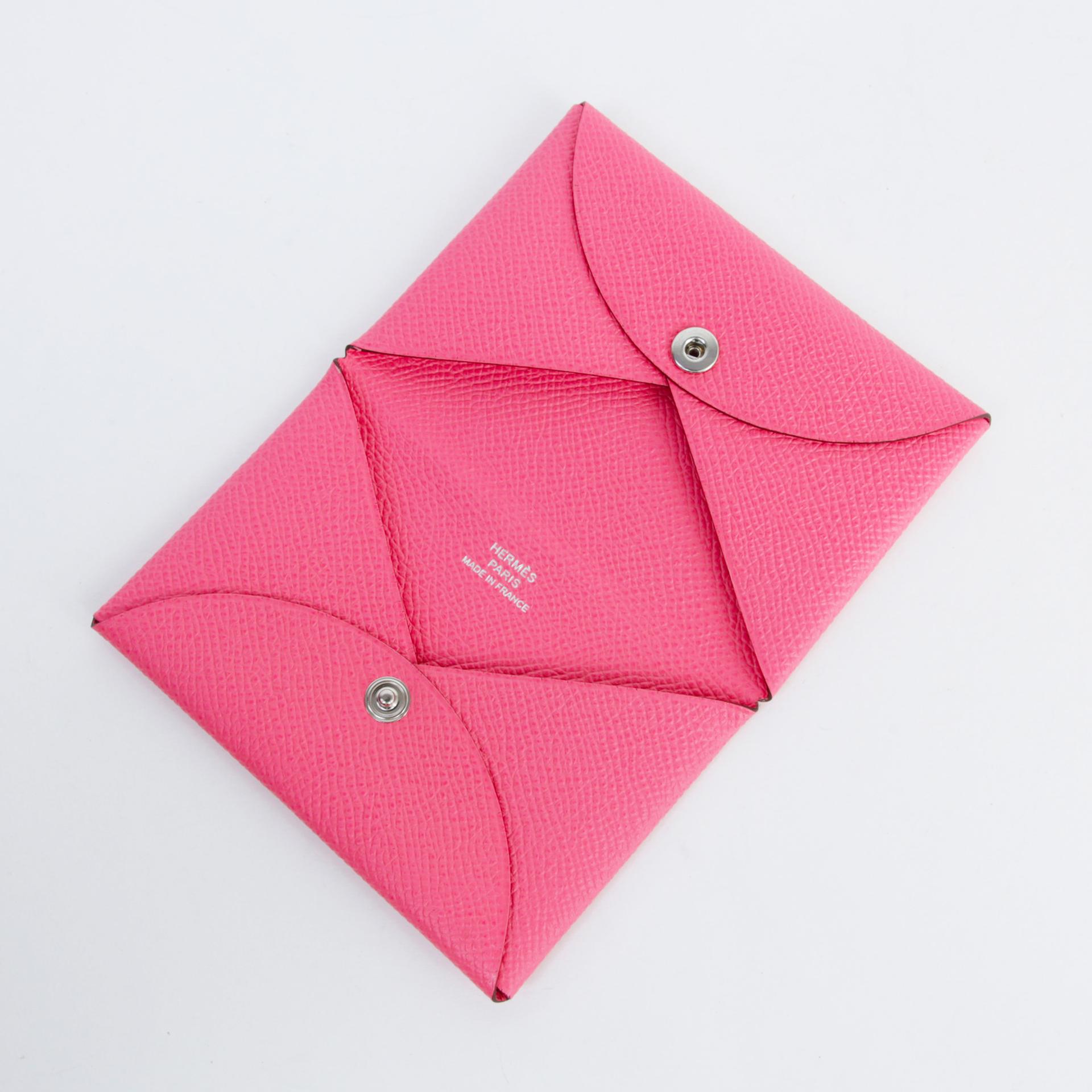 Excellent ( Rank SA )  HERMÈS  Calvi card holder Rose Azalee (8W) Epsom Palladium hardware T (2015) - 7