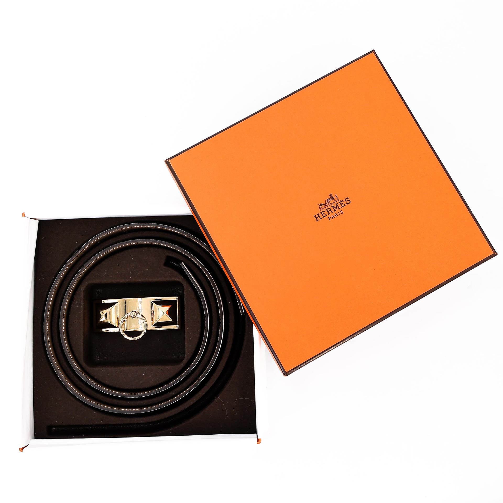 Very Good ( Rank A) HERMÈS Collier de Chien Belt 80cm White (01) Etoupe (18) Epsom Swift Permabrass hardware Square O (2011) - 3