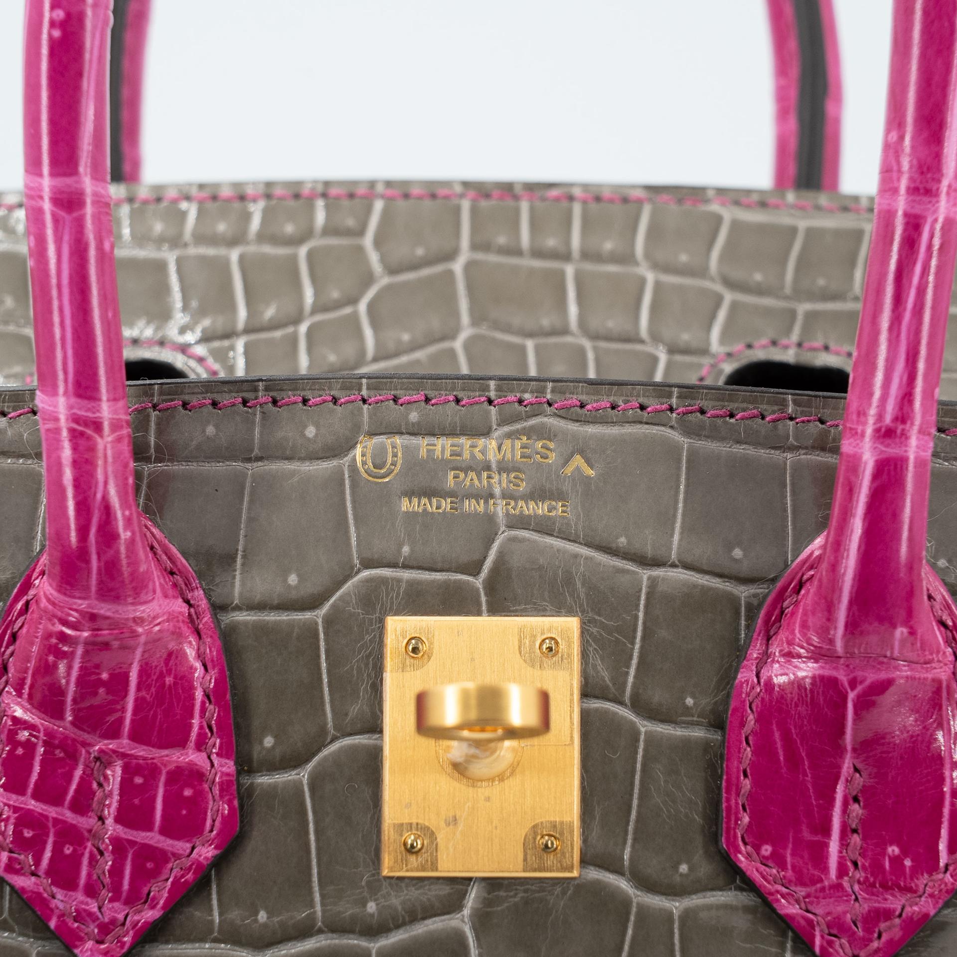 Excellent ( Rank SA ) HERMÈS Special Order Birkin 25 HSS Gris Tourterelle (81) Rose Scheherazade (J5) Shiny Porosus Crocodile Brushed Gold hardware D (2019) - 14