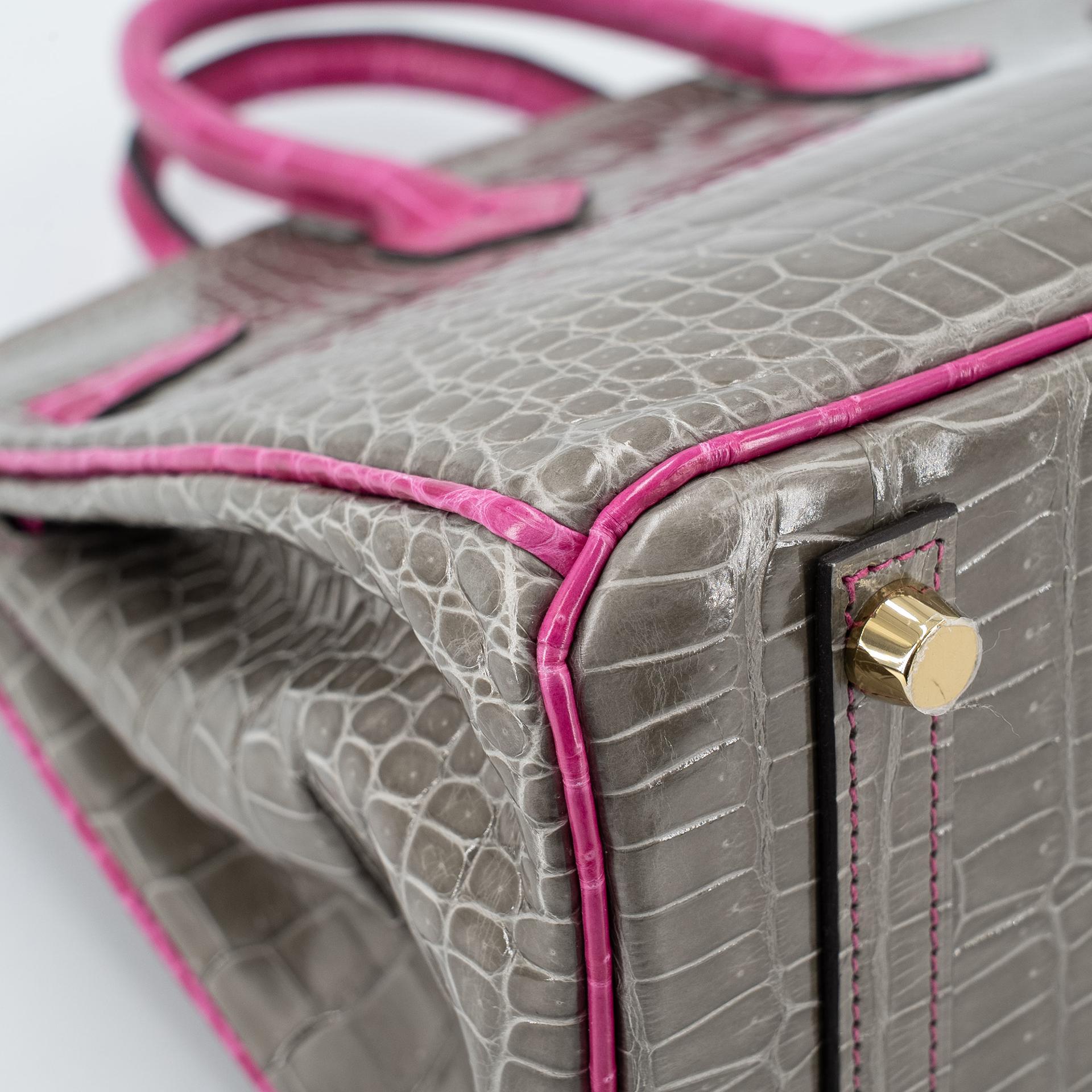 Excellent ( Rank SA ) HERMÈS Special Order Birkin 25 HSS Gris Tourterelle (81) Rose Scheherazade (J5) Shiny Porosus Crocodile Brushed Gold hardware D (2019) - 12