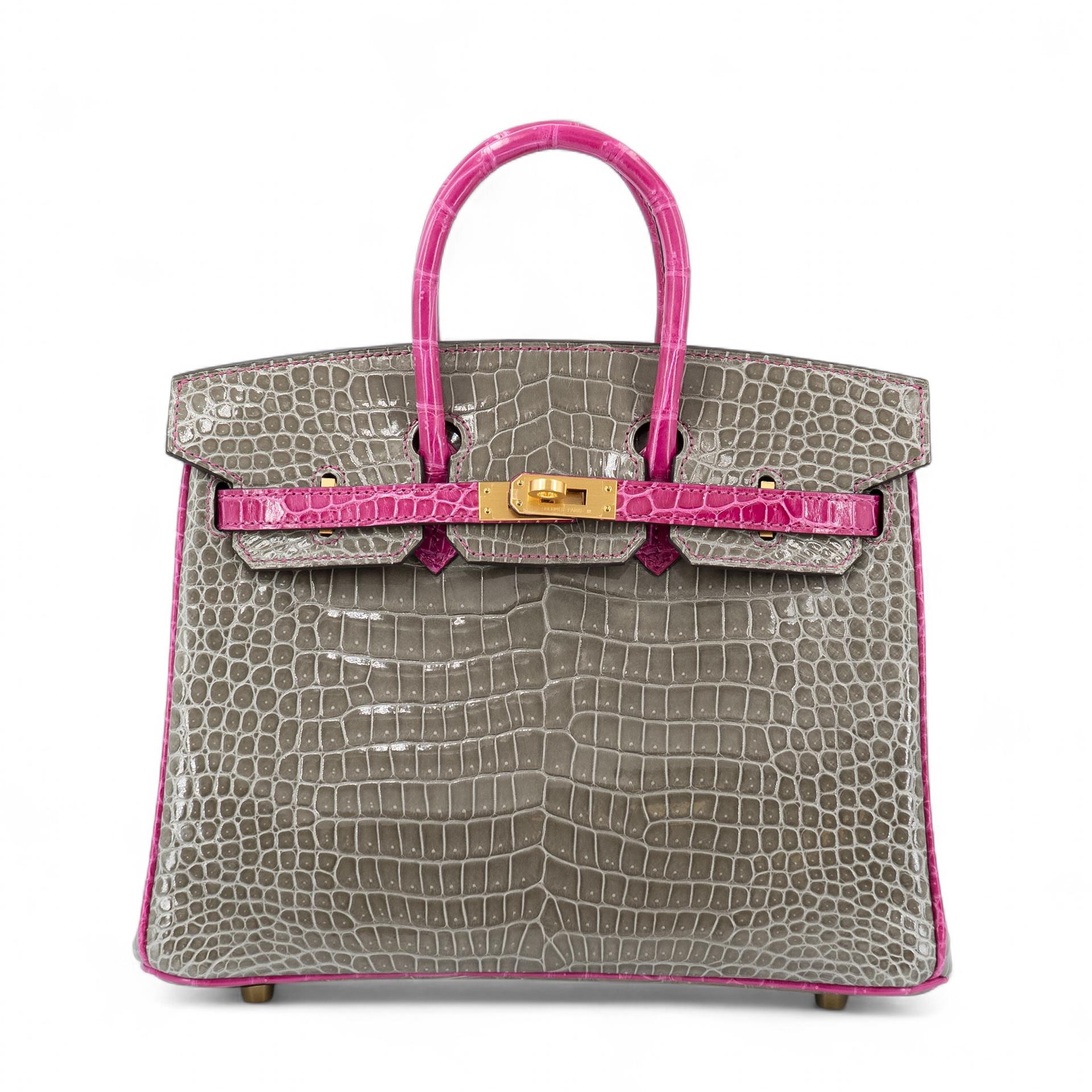 Excellent ( Rank SA ) HERMÈS Special Order Birkin 25 HSS Gris Tourterelle (81) Rose Scheherazade (J5) Shiny Porosus Crocodile Brushed Gold hardware D (2019) - 1
