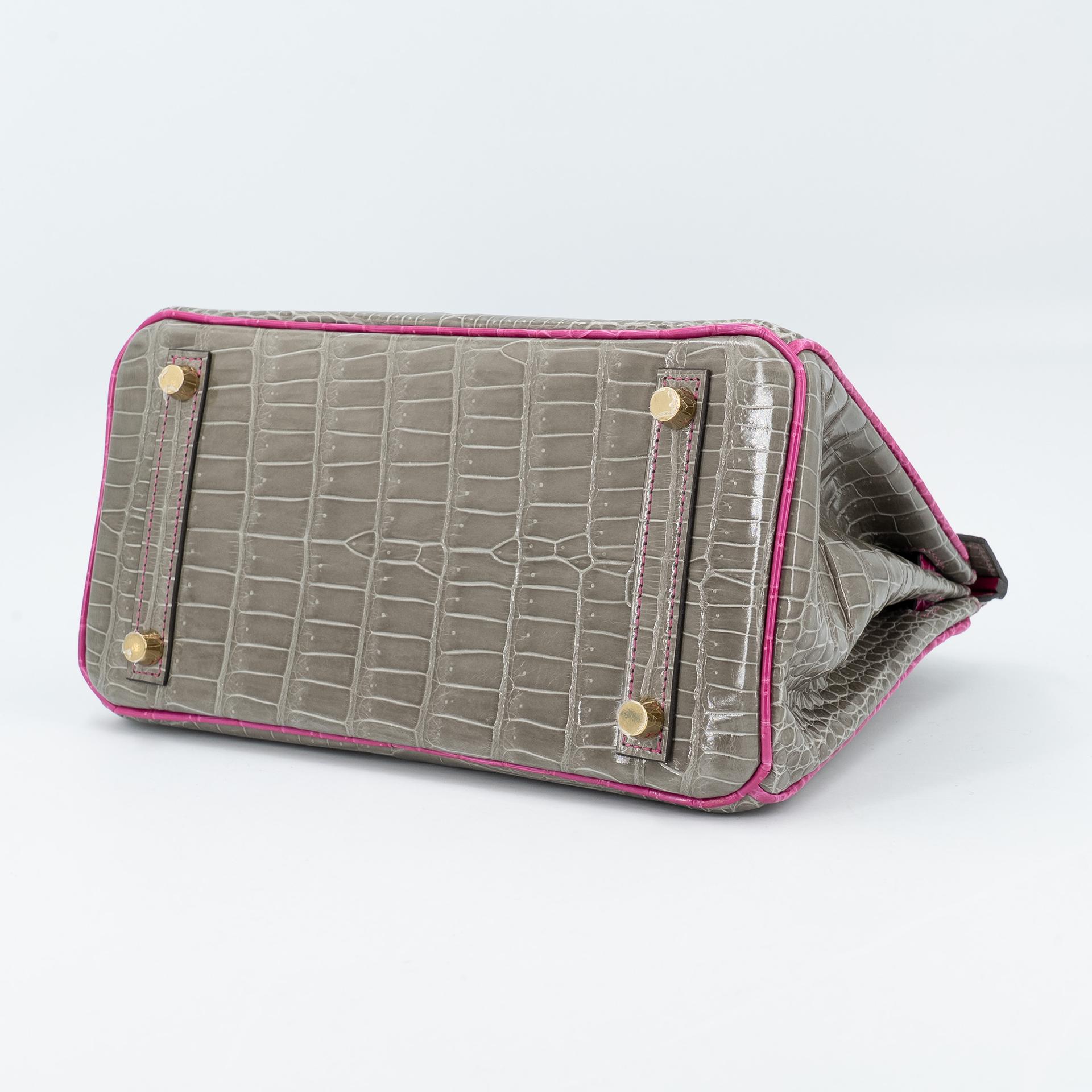 Excellent ( Rank SA ) HERMÈS Special Order Birkin 25 HSS Gris Tourterelle (81) Rose Scheherazade (J5) Shiny Porosus Crocodile Brushed Gold hardware D (2019) - 6