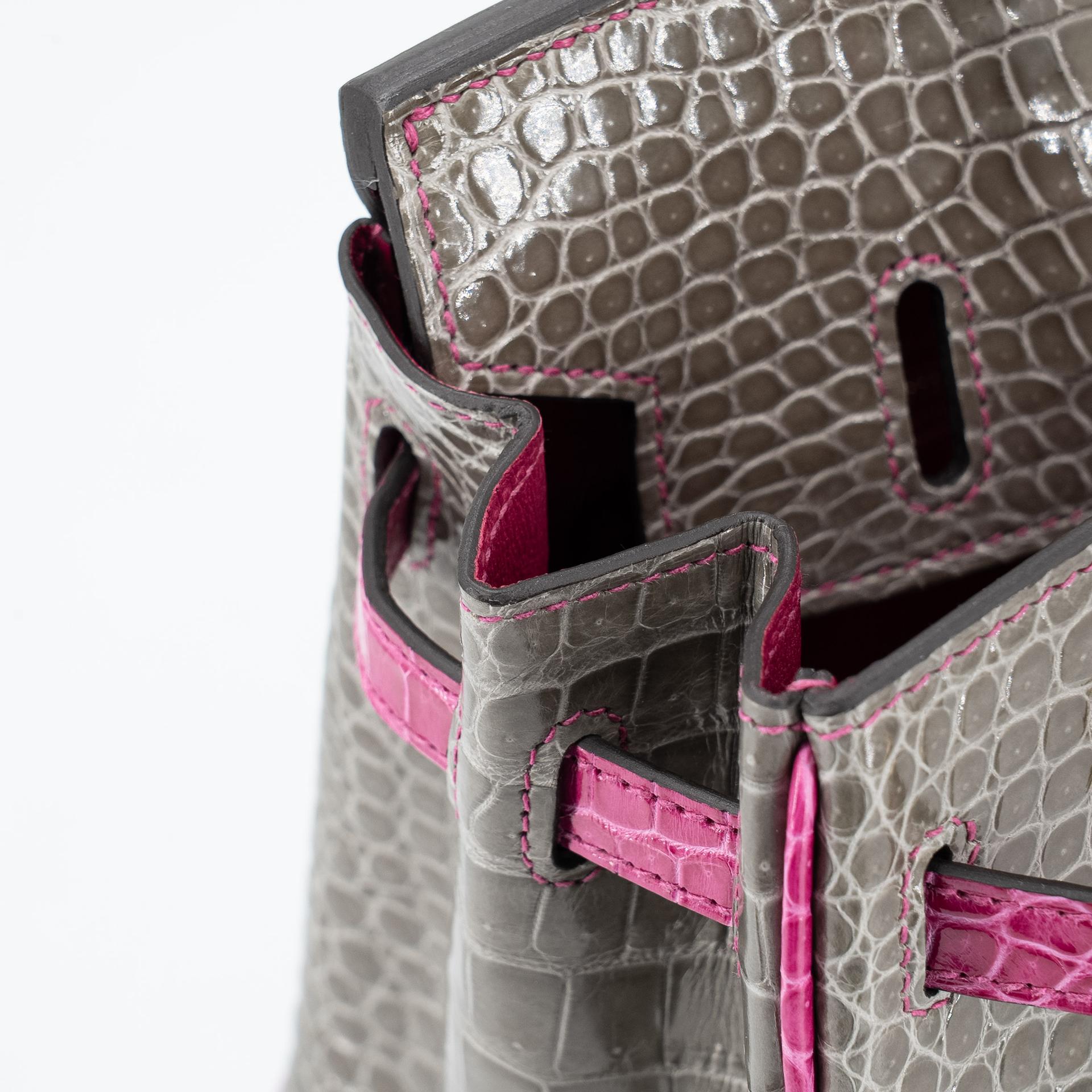 Excellent ( Rank SA ) HERMÈS Special Order Birkin 25 HSS Gris Tourterelle (81) Rose Scheherazade (J5) Shiny Porosus Crocodile Brushed Gold hardware D (2019) - 16