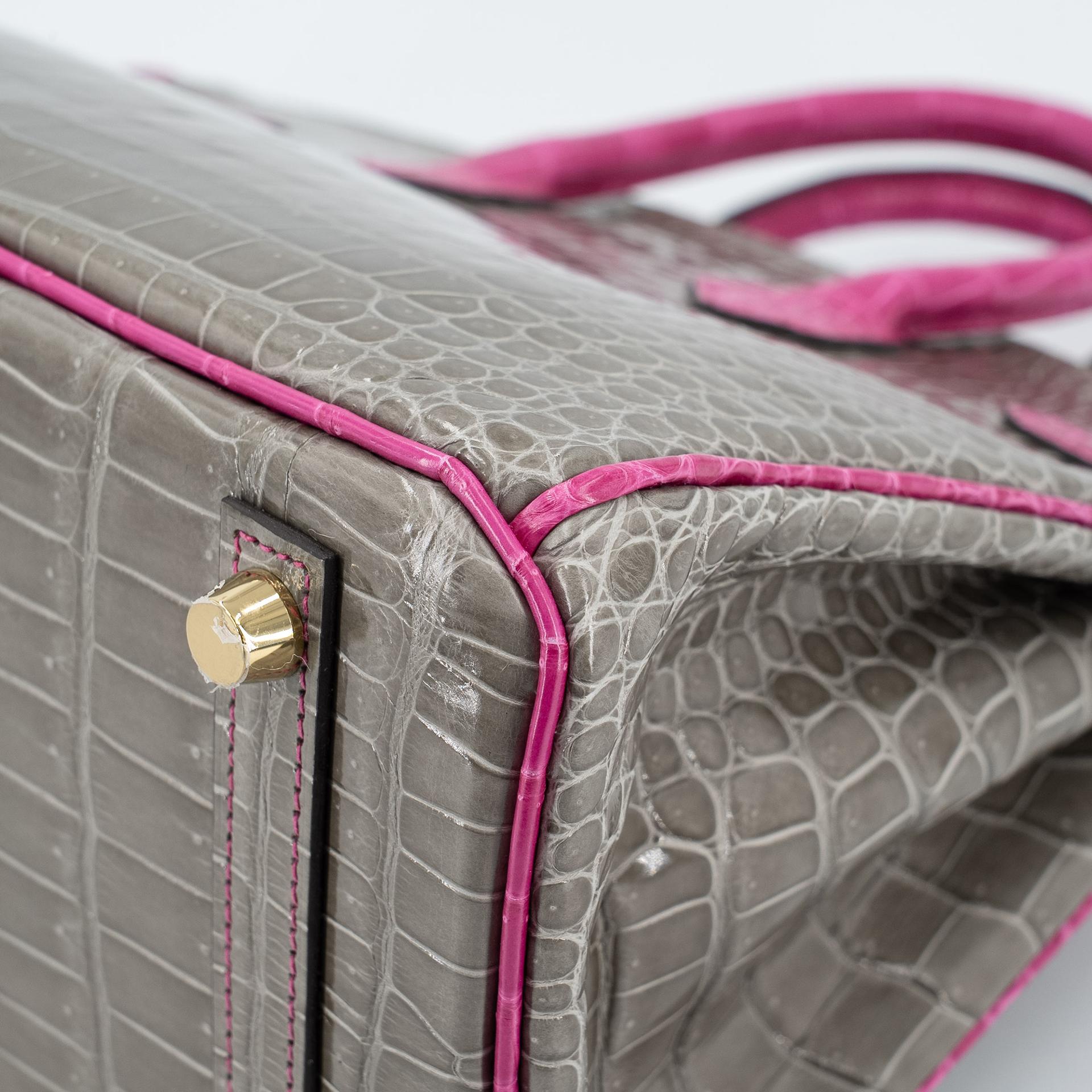 Excellent ( Rank SA ) HERMÈS Special Order Birkin 25 HSS Gris Tourterelle (81) Rose Scheherazade (J5) Shiny Porosus Crocodile Brushed Gold hardware D (2019) - 11