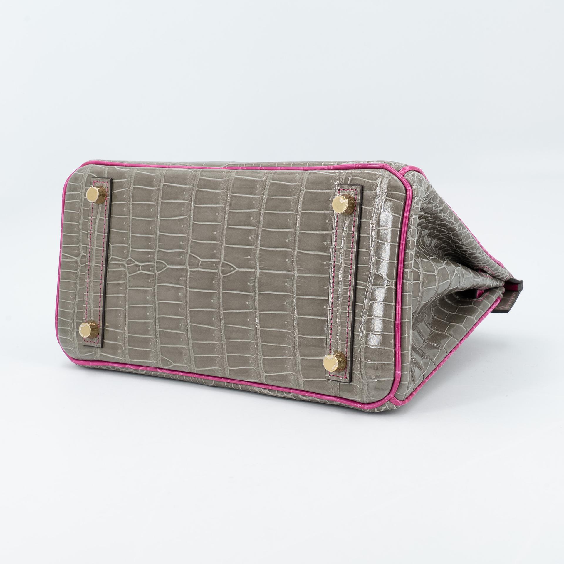 Excellent ( Rank SA ) HERMÈS Special Order Birkin 25 HSS Gris Tourterelle (81) Rose Scheherazade (J5) Shiny Porosus Crocodile Brushed Gold hardware D (2019) - 7