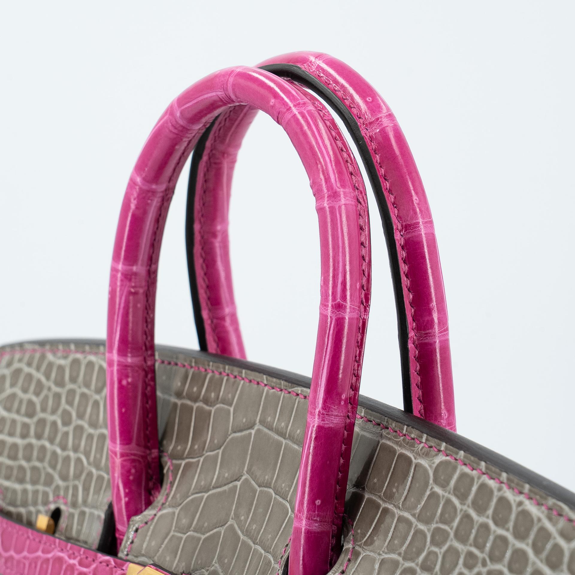Excellent ( Rank SA ) HERMÈS Special Order Birkin 25 HSS Gris Tourterelle (81) Rose Scheherazade (J5) Shiny Porosus Crocodile Brushed Gold hardware D (2019) - 4