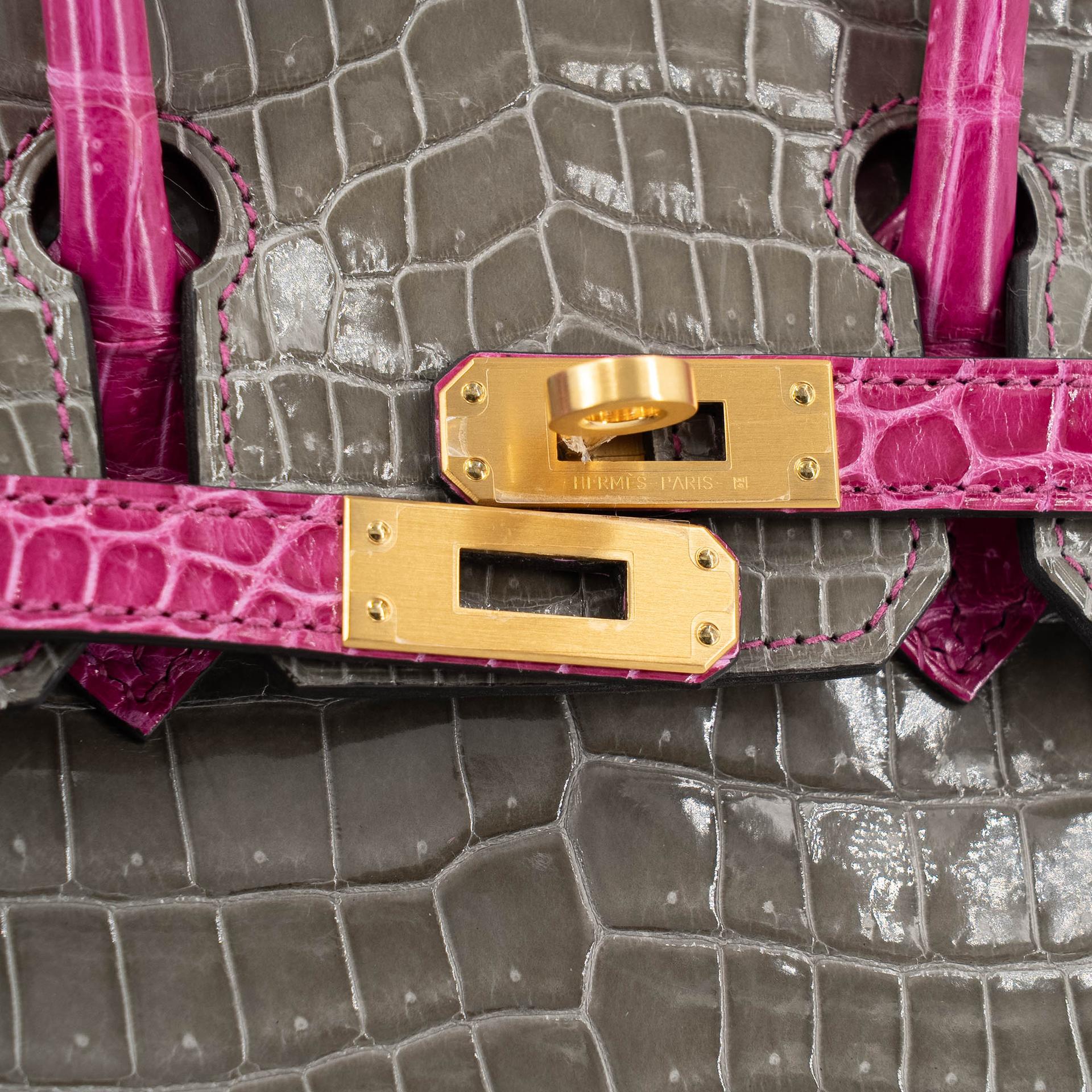 Excellent ( Rank SA ) HERMÈS Special Order Birkin 25 HSS Gris Tourterelle (81) Rose Scheherazade (J5) Shiny Porosus Crocodile Brushed Gold hardware D (2019) - 13