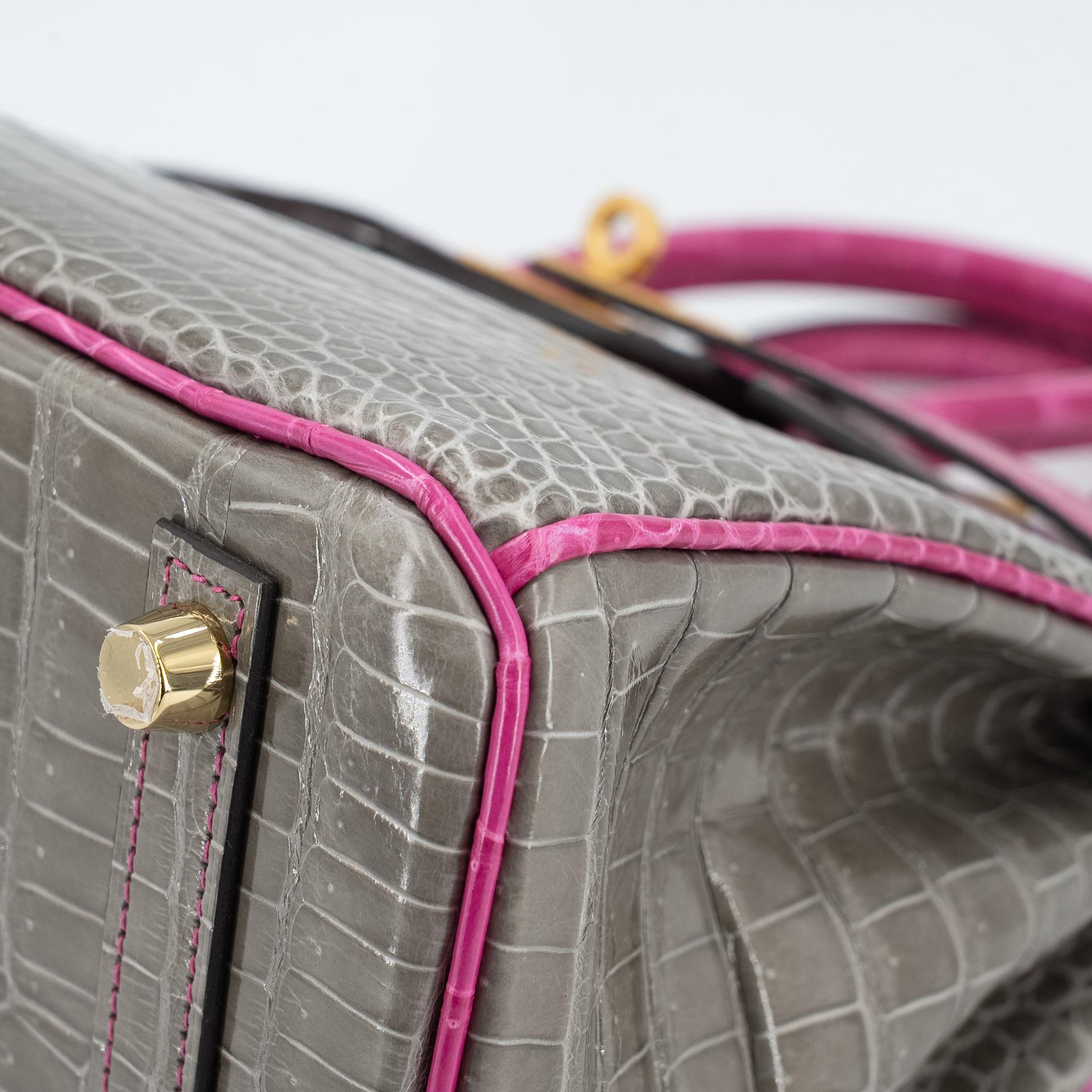 Excellent ( Rank SA ) HERMÈS Special Order Birkin 25 HSS Gris Tourterelle (81) Rose Scheherazade (J5) Shiny Porosus Crocodile Brushed Gold hardware D (2019) - 9