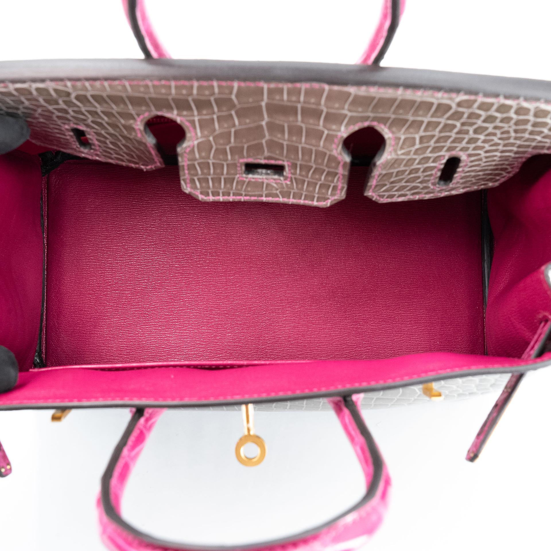 Excellent ( Rank SA ) HERMÈS Special Order Birkin 25 HSS Gris Tourterelle (81) Rose Scheherazade (J5) Shiny Porosus Crocodile Brushed Gold hardware D (2019) - 18
