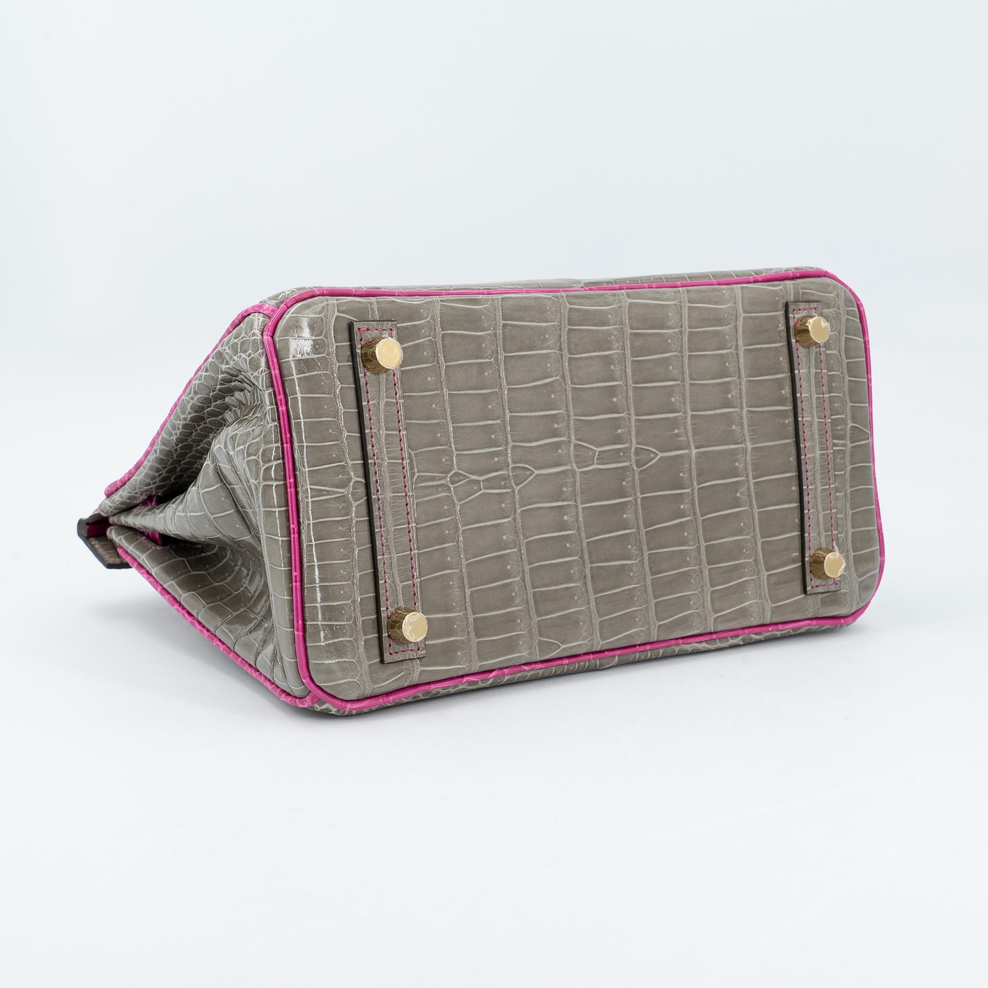 Excellent ( Rank SA ) HERMÈS Special Order Birkin 25 HSS Gris Tourterelle (81) Rose Scheherazade (J5) Shiny Porosus Crocodile Brushed Gold hardware D (2019) - 8