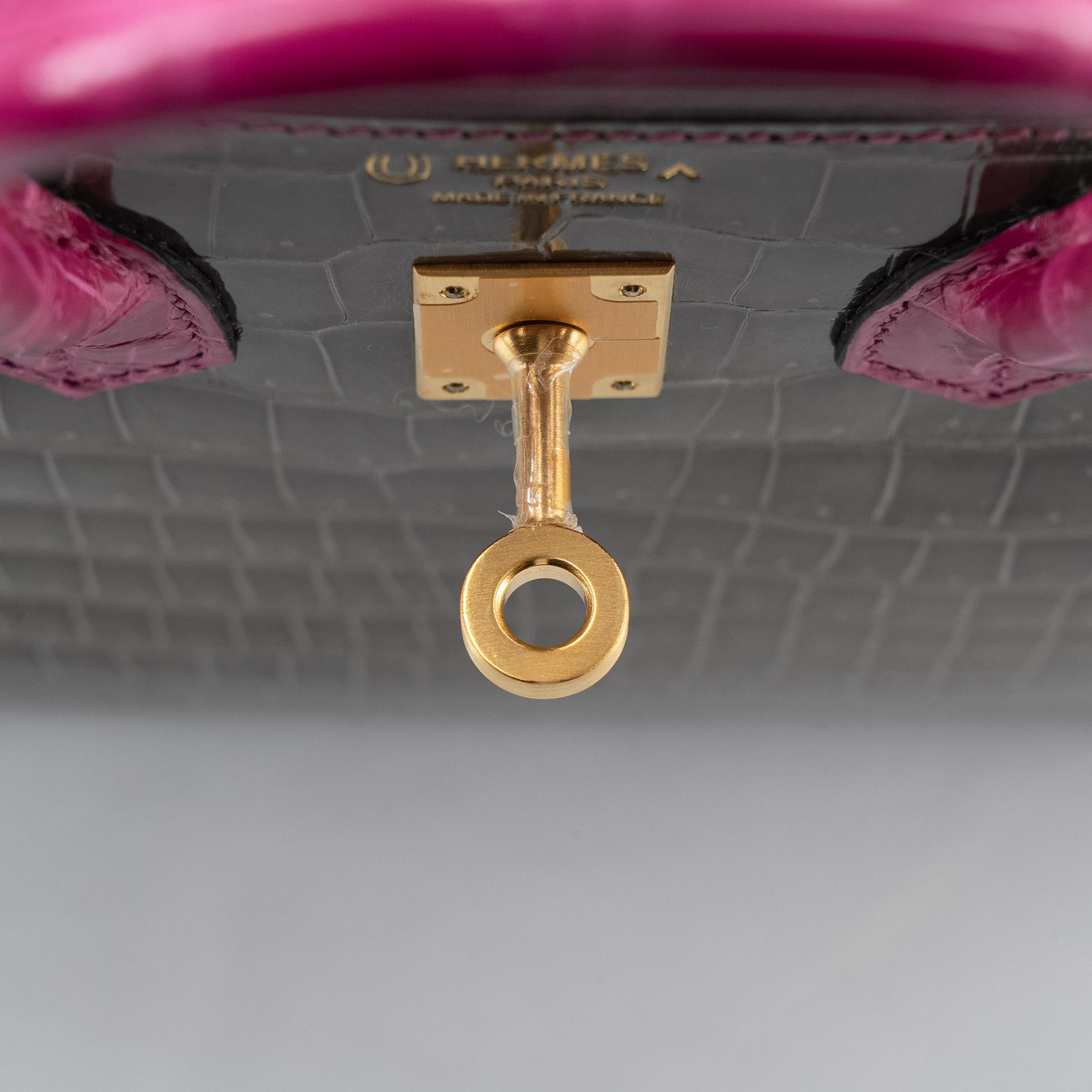 Excellent ( Rank SA ) HERMÈS Special Order Birkin 25 HSS Gris Tourterelle (81) Rose Scheherazade (J5) Shiny Porosus Crocodile Brushed Gold hardware D (2019) - 17