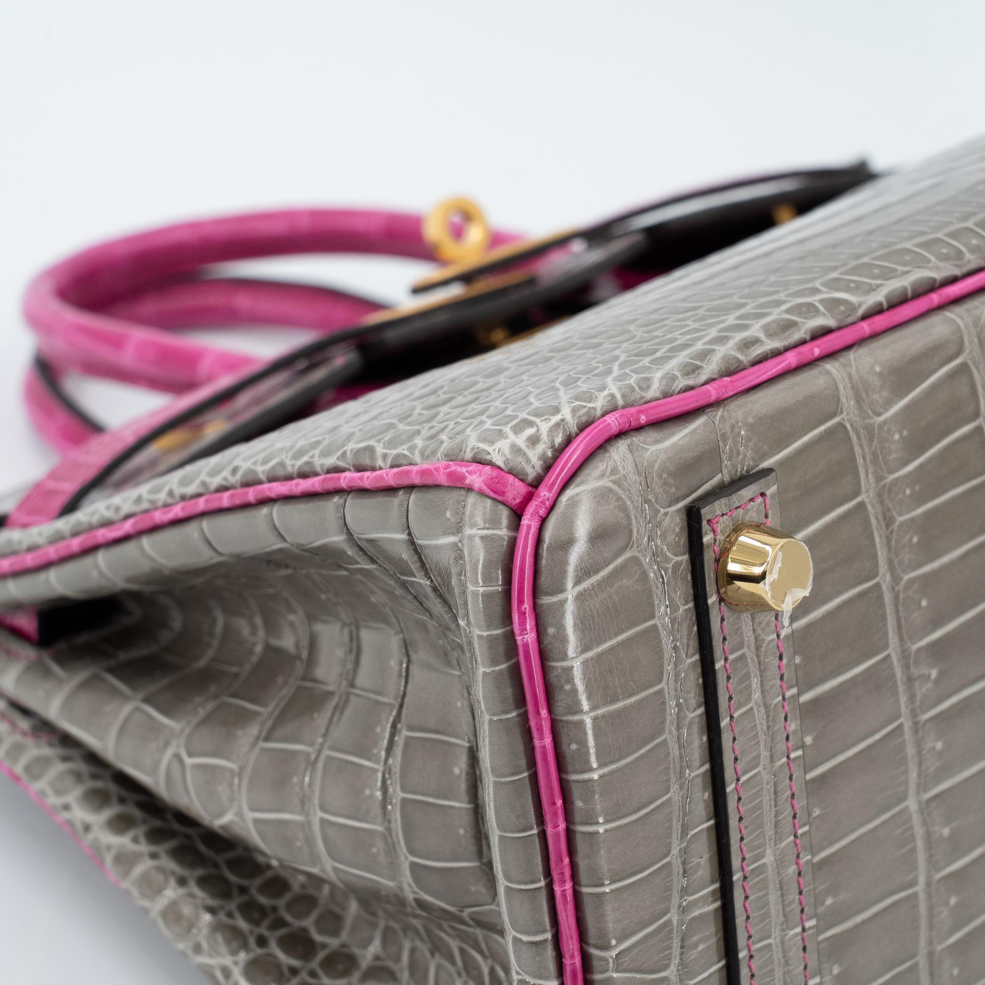 Excellent ( Rank SA ) HERMÈS Special Order Birkin 25 HSS Gris Tourterelle (81) Rose Scheherazade (J5) Shiny Porosus Crocodile Brushed Gold hardware D (2019) - 10