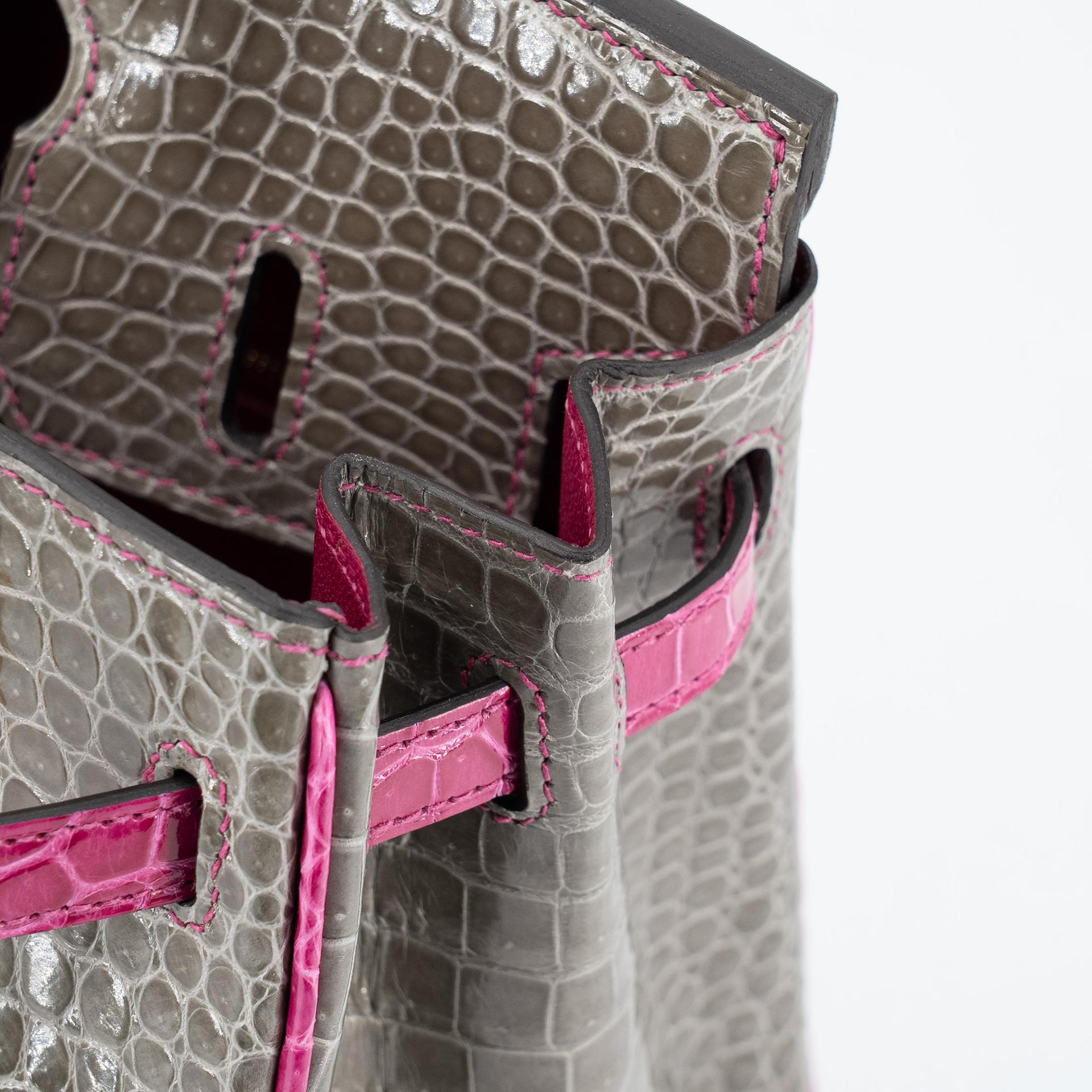 Excellent ( Rank SA ) HERMÈS Special Order Birkin 25 HSS Gris Tourterelle (81) Rose Scheherazade (J5) Shiny Porosus Crocodile Brushed Gold hardware D (2019) - 15