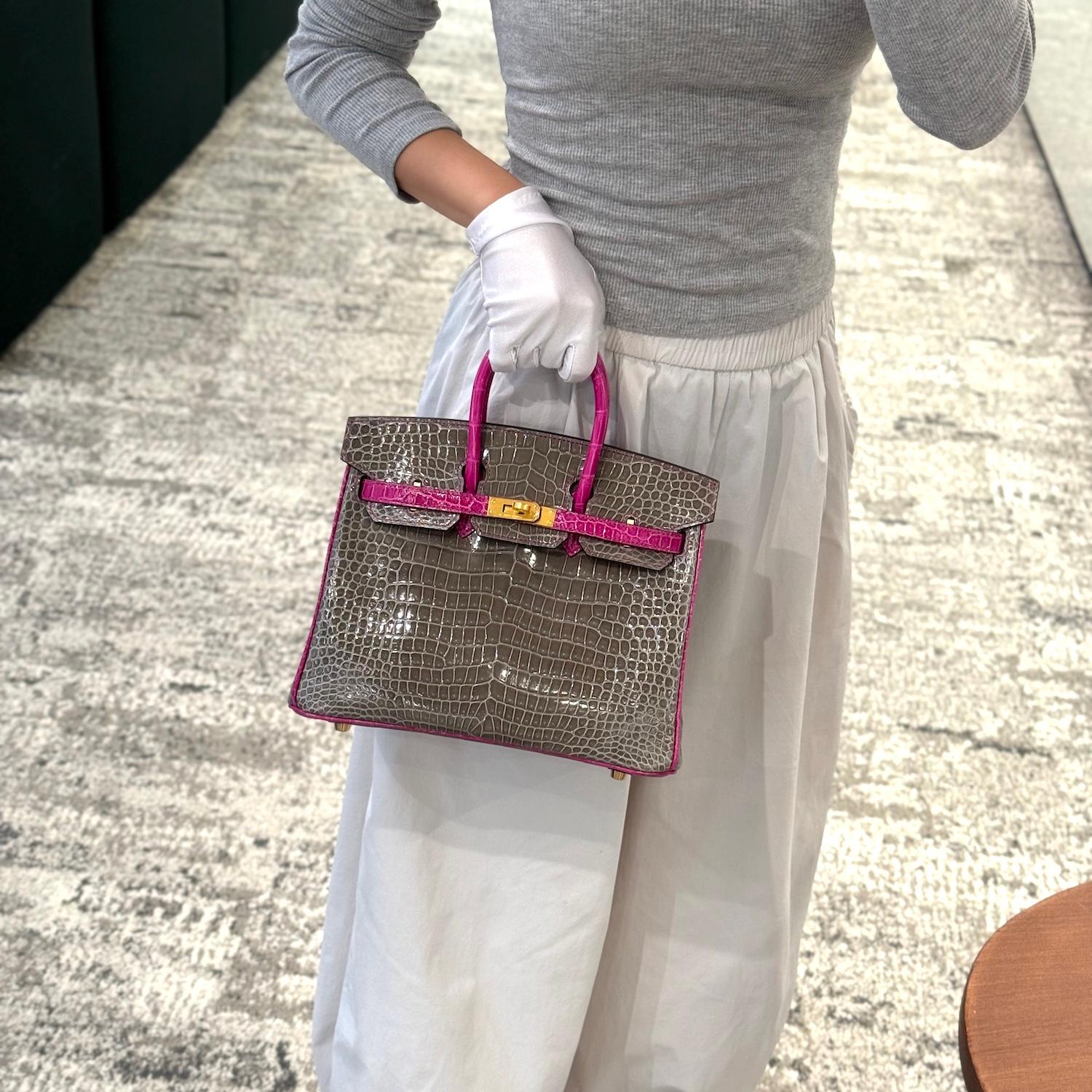 Excellent ( Rank SA ) HERMÈS Special Order Birkin 25 HSS Gris Tourterelle (81) Rose Scheherazade (J5) Shiny Porosus Crocodile Brushed Gold hardware D (2019) - 3