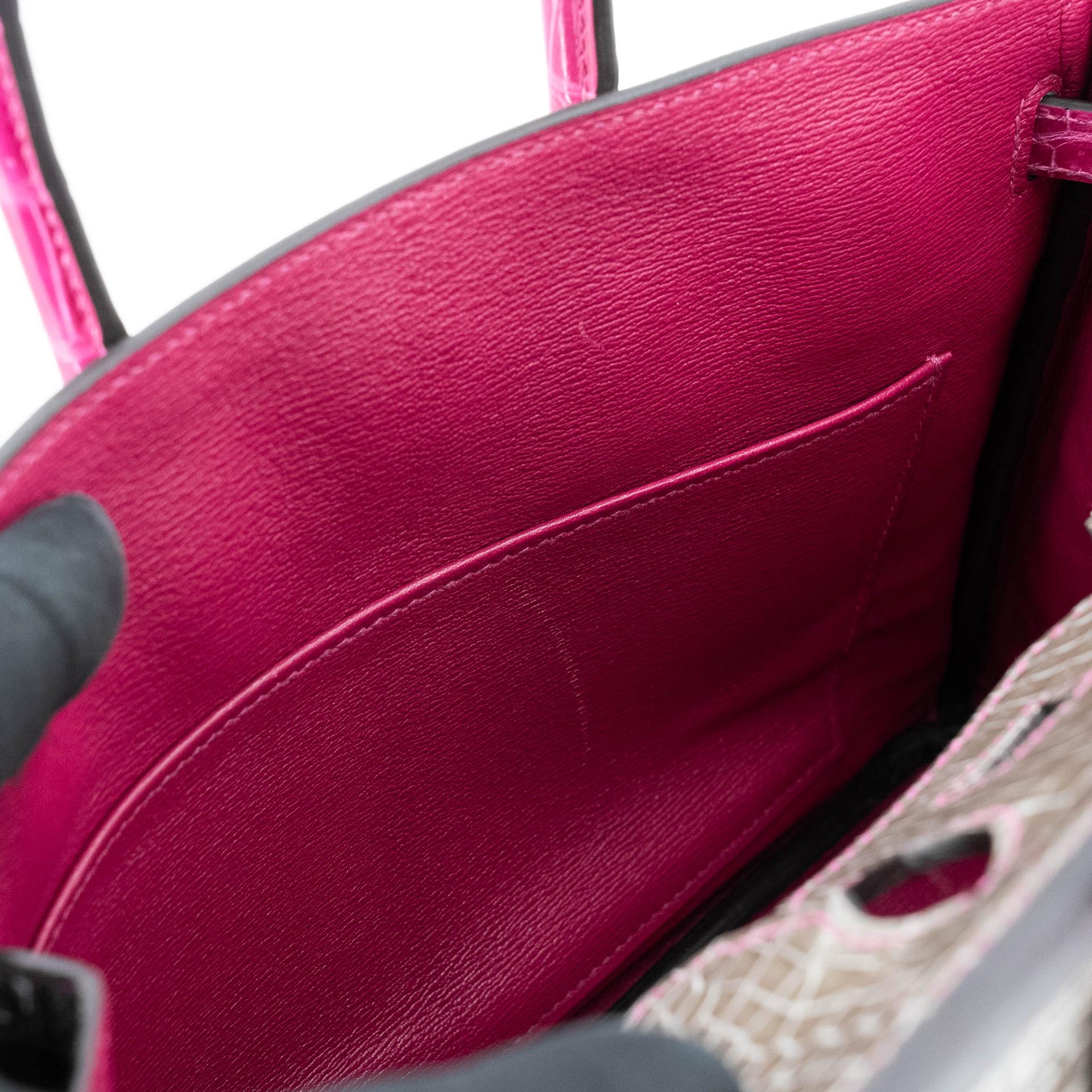Excellent ( Rank SA ) HERMÈS Special Order Birkin 25 HSS Gris Tourterelle (81) Rose Scheherazade (J5) Shiny Porosus Crocodile Brushed Gold hardware D (2019) - 19