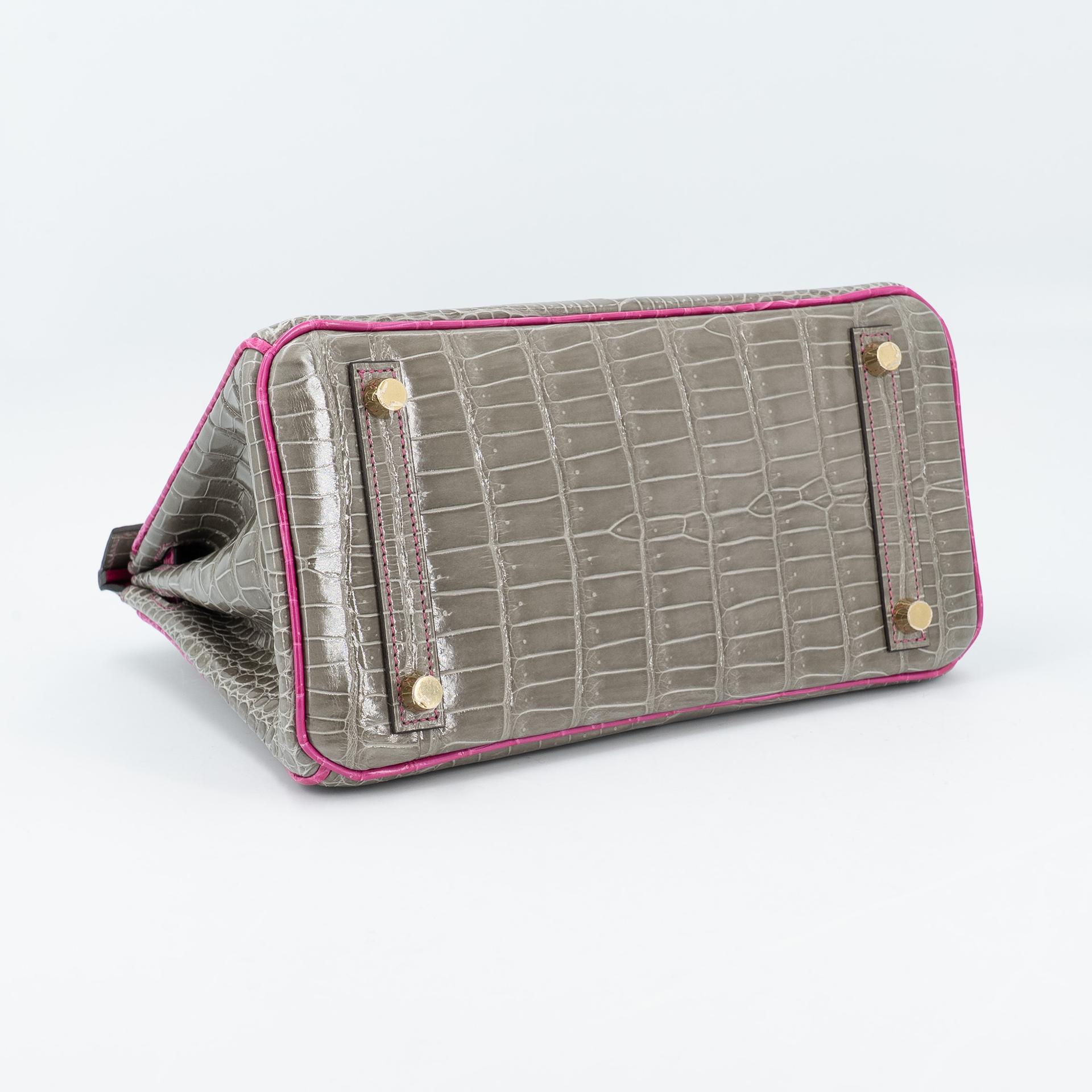 Excellent ( Rank SA ) HERMÈS Special Order Birkin 25 HSS Gris Tourterelle (81) Rose Scheherazade (J5) Shiny Porosus Crocodile Brushed Gold hardware D (2019) - 5
