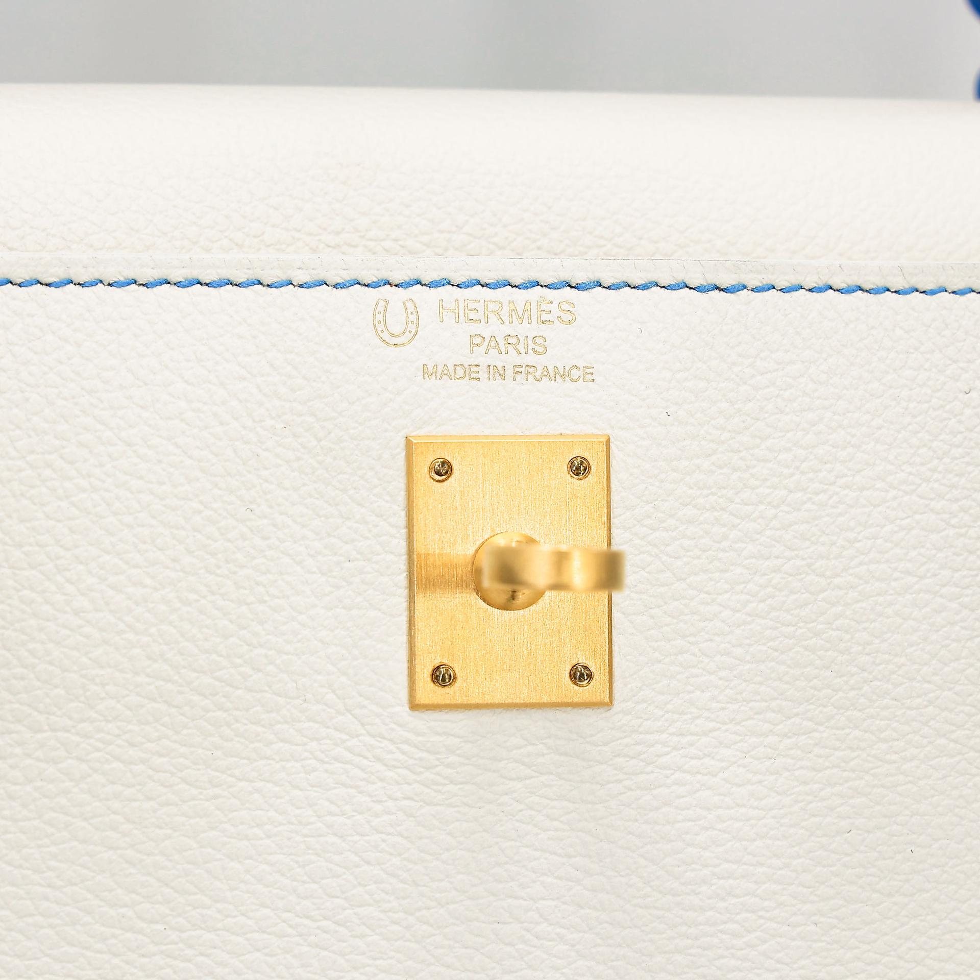 SA超美品 HERMÈS 愛馬仕 馬蹄印定制 Kelly 25 01 純白色 White T7 水妖藍 Bleu Hydra Evercolor皮 拉絲金扣 D刻 2019年 - 18