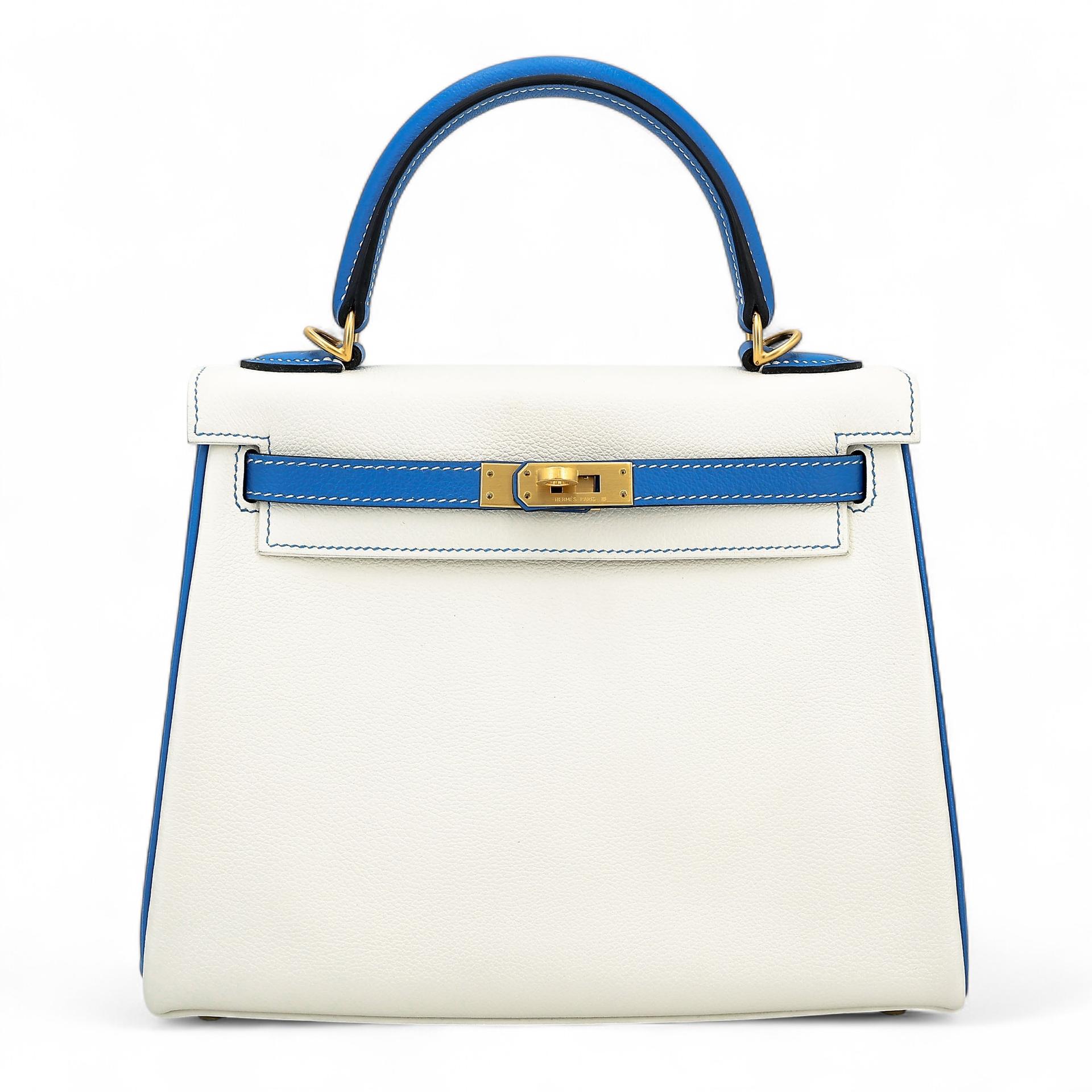 SA超美品 HERMÈS 愛馬仕 馬蹄印定制 Kelly 25 01 純白色 White T7 水妖藍 Bleu Hydra Evercolor皮 拉絲金扣 D刻 2019年 - 1